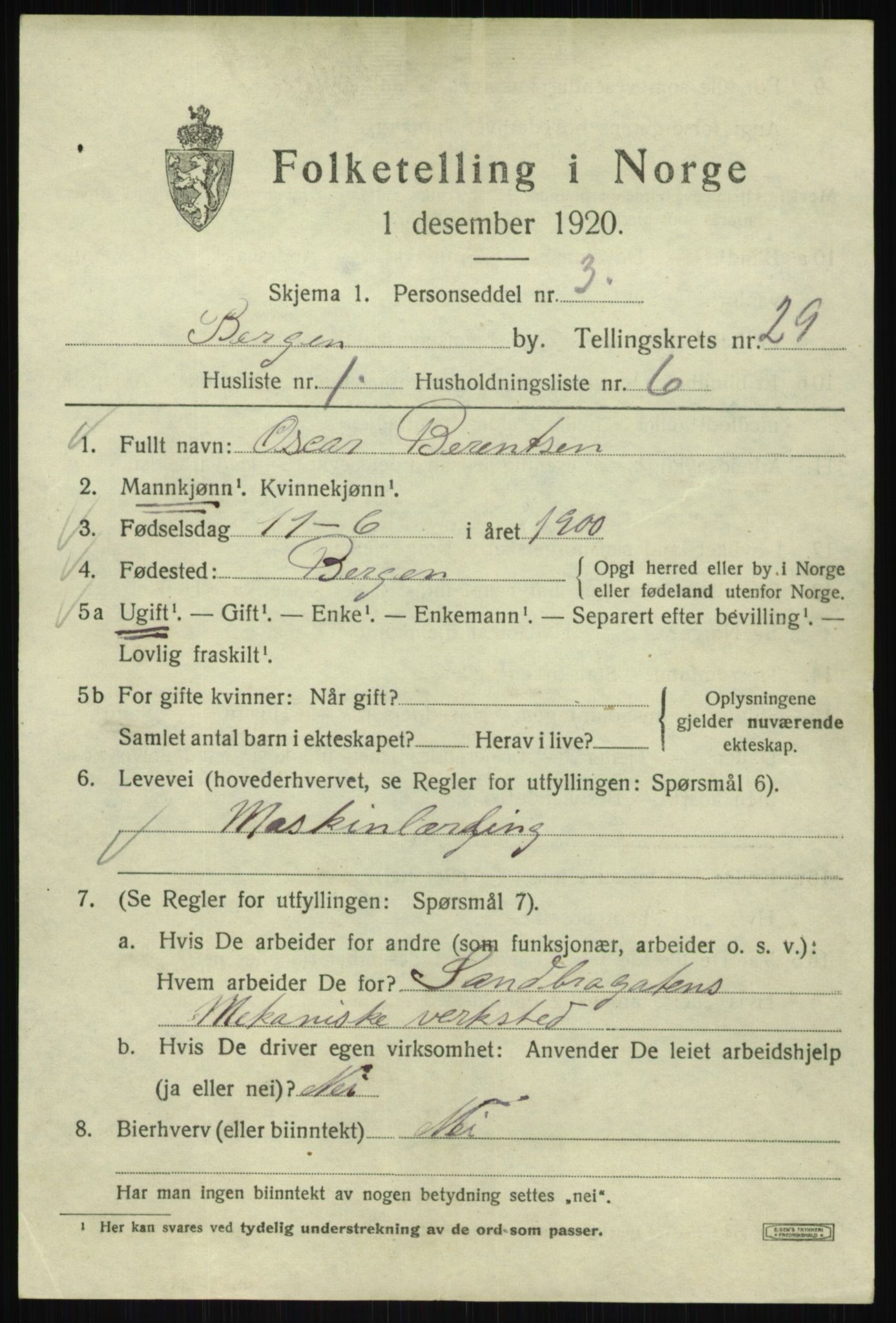 SAB, 1920 census for Bergen, 1920, p. 93845