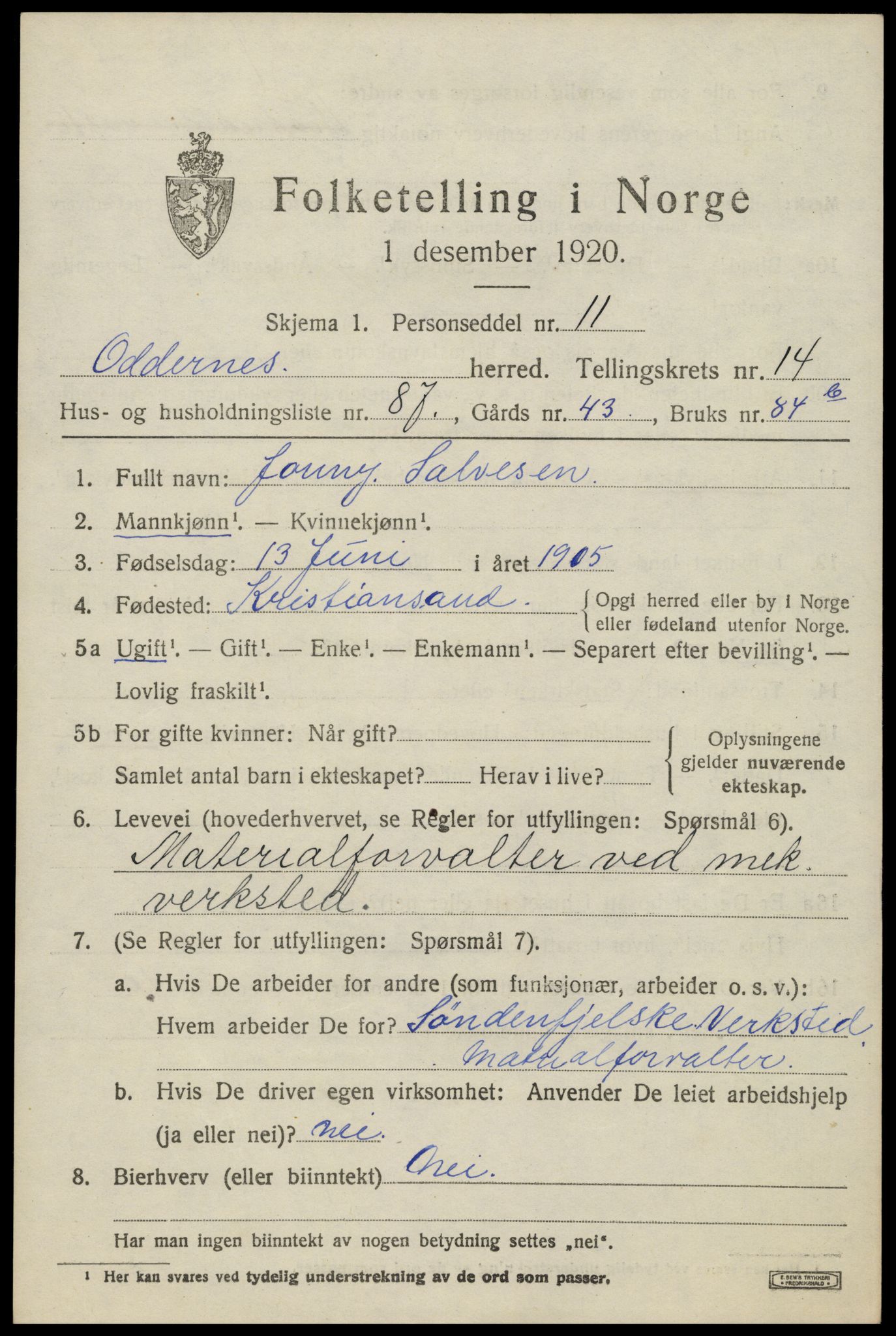 SAK, 1920 census for Oddernes, 1920, p. 9641