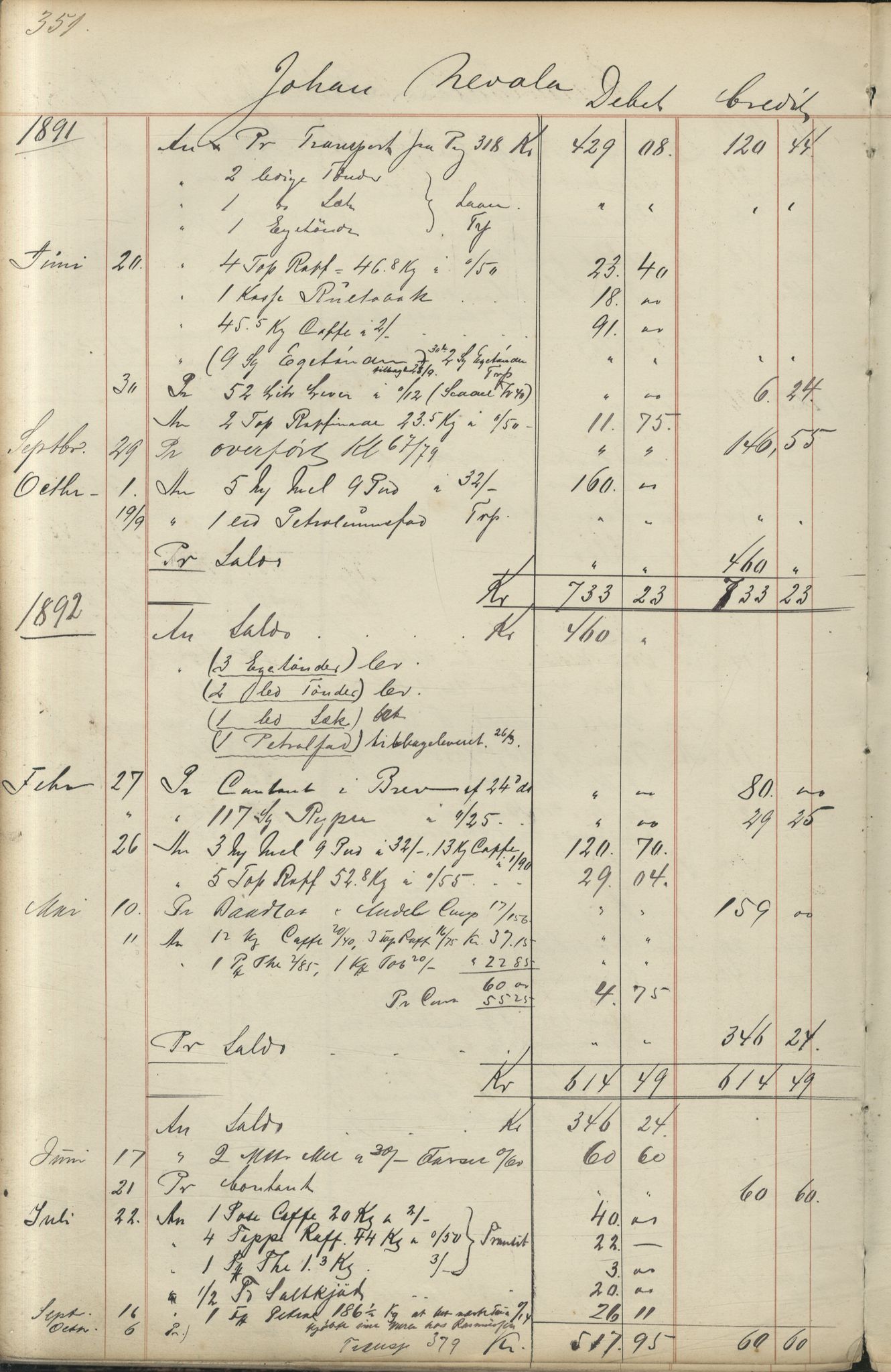 Brodtkorb handel A/S, VAMU/A-0001/F/Fc/L0001/0001: Konto for kvener og nordmenn på Kolahalvøya  / Conto for Kvæner og Nordmænd paa Russefinmarken No 1, 1868-1894, p. 351