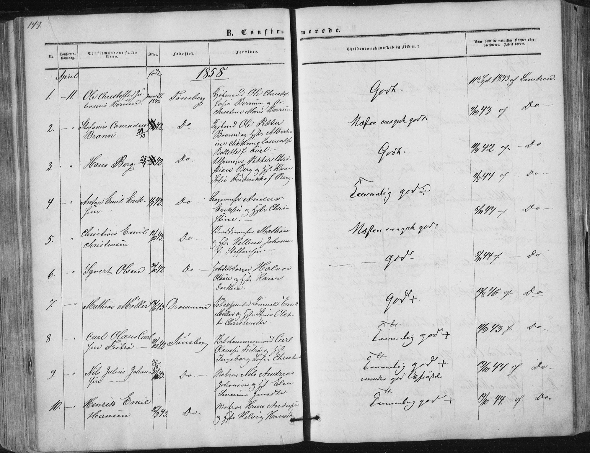 Tønsberg kirkebøker, AV/SAKO-A-330/F/Fa/L0008: Parish register (official) no. I 8, 1855-1864, p. 149