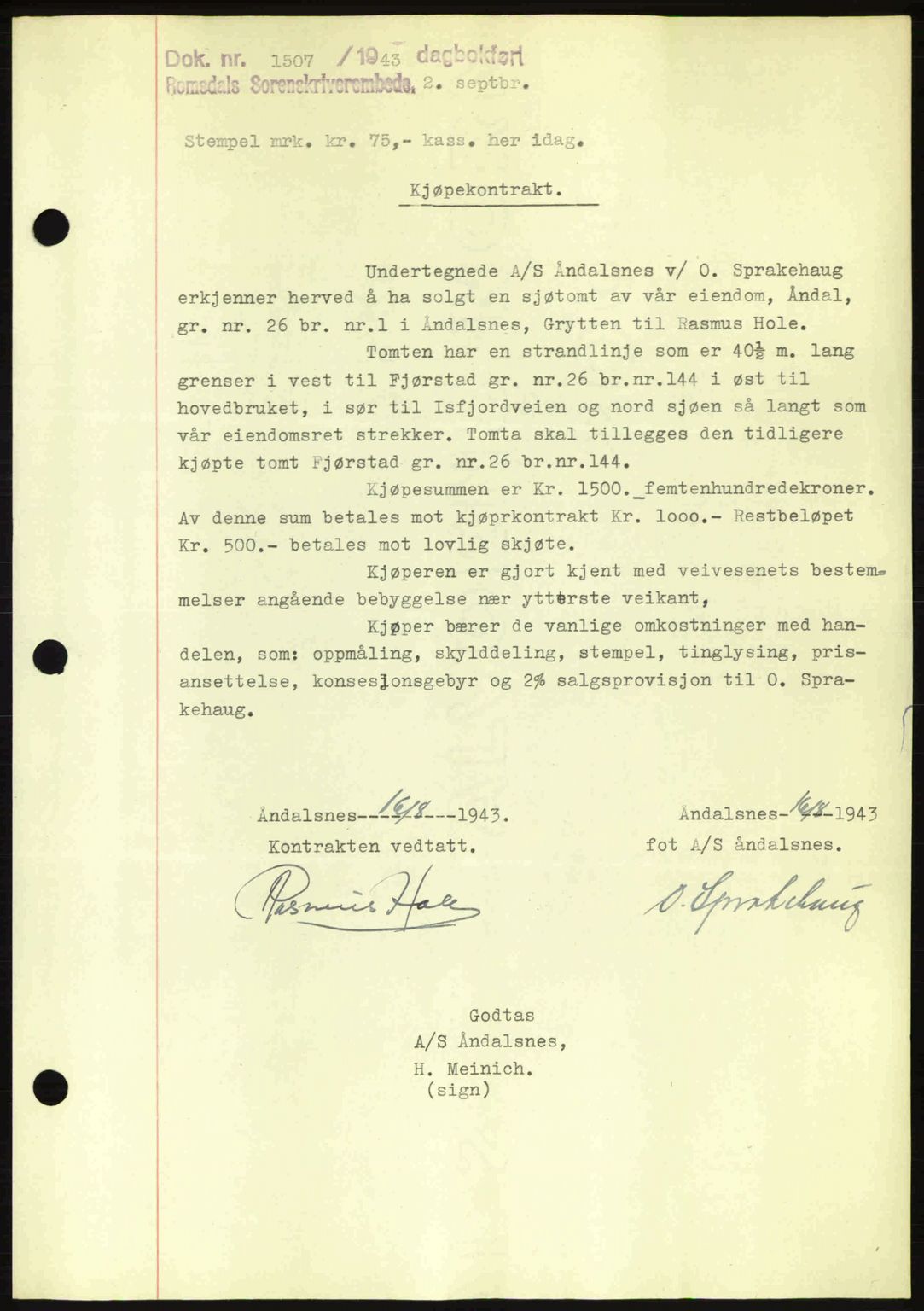 Romsdal sorenskriveri, AV/SAT-A-4149/1/2/2C: Mortgage book no. A14, 1943-1943, Diary no: : 1507/1943