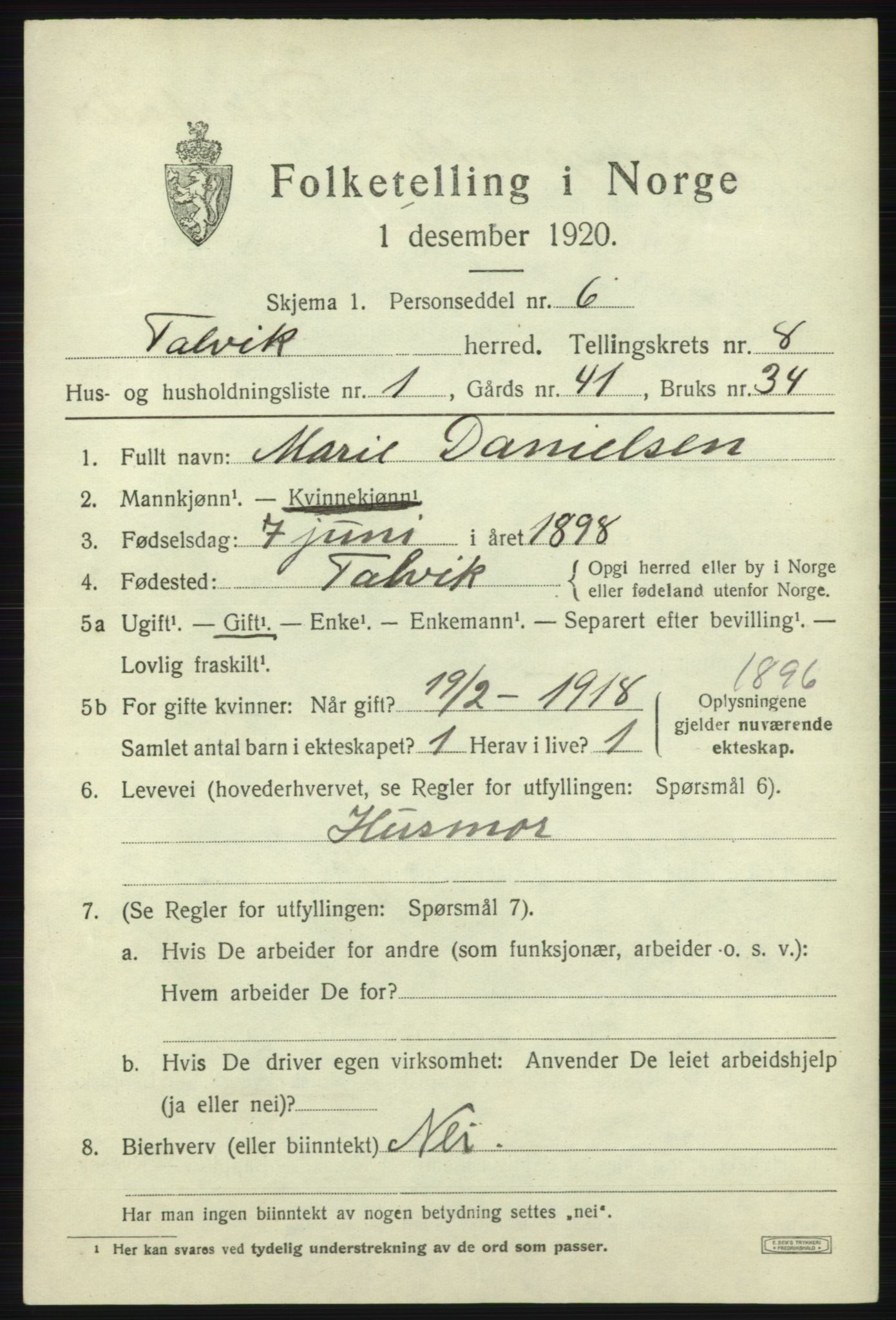 SATØ, 1920 census for Talvik, 1920, p. 4988