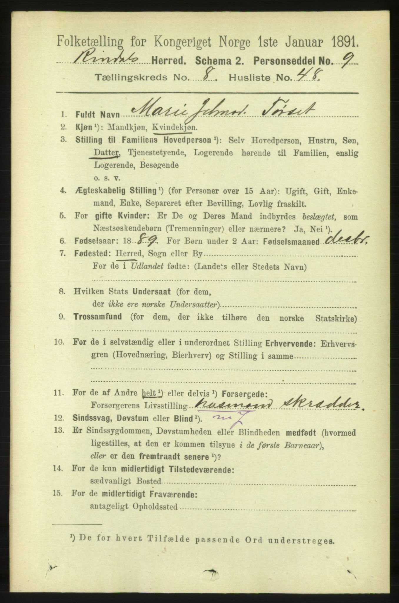 RA, 1891 census for 1567 Rindal, 1891, p. 2812