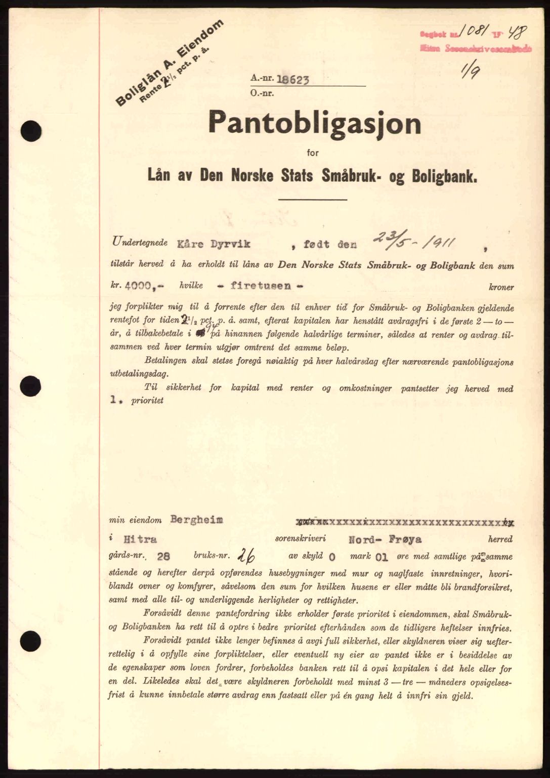 Hitra sorenskriveri, AV/SAT-A-0018/2/2C/2Ca: Mortgage book no. B1, 1939-1949, Diary no: : 1081/1948