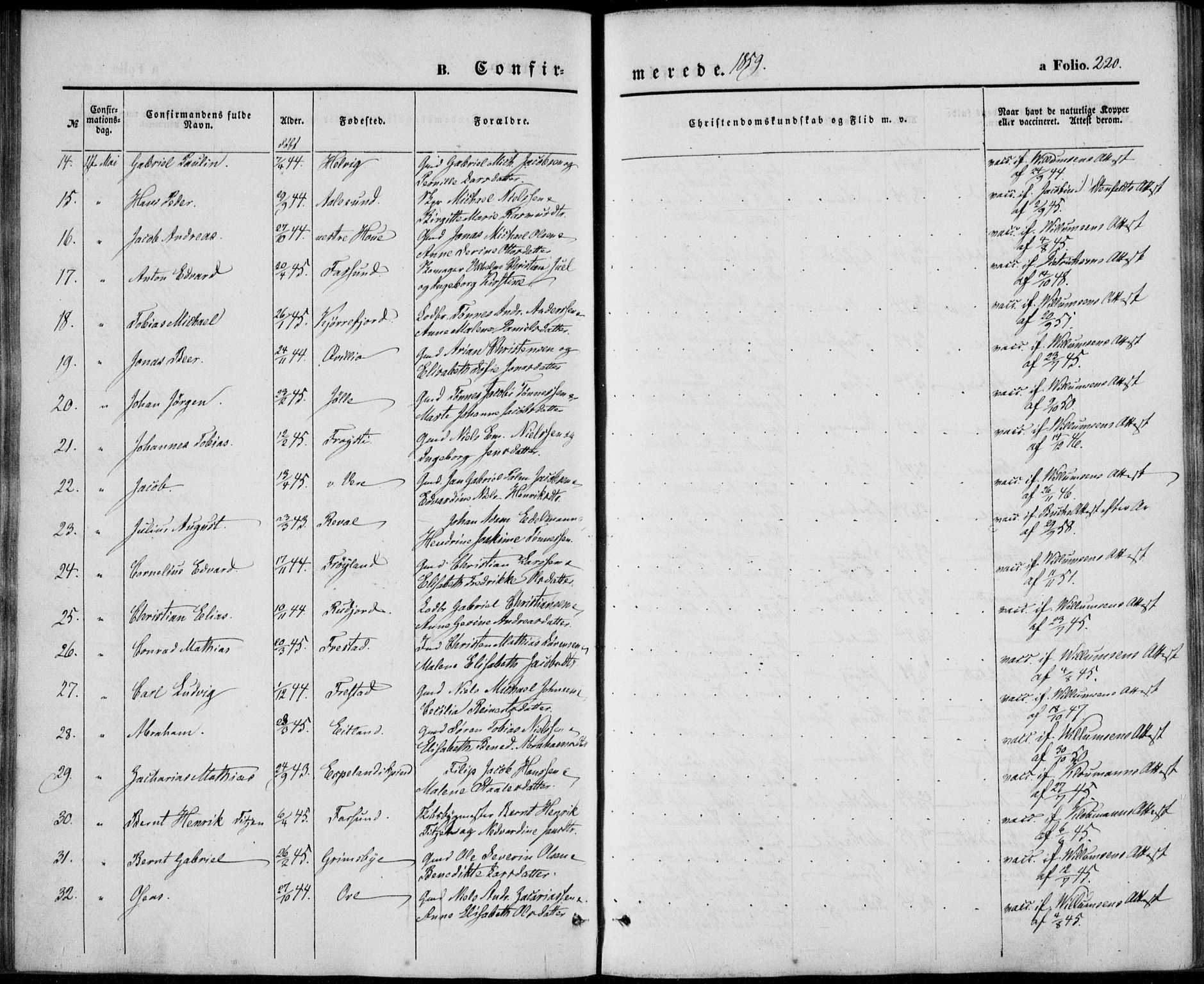 Lista sokneprestkontor, AV/SAK-1111-0027/F/Fb/L0002: Parish register (copy) no. B 2, 1847-1862, p. 220