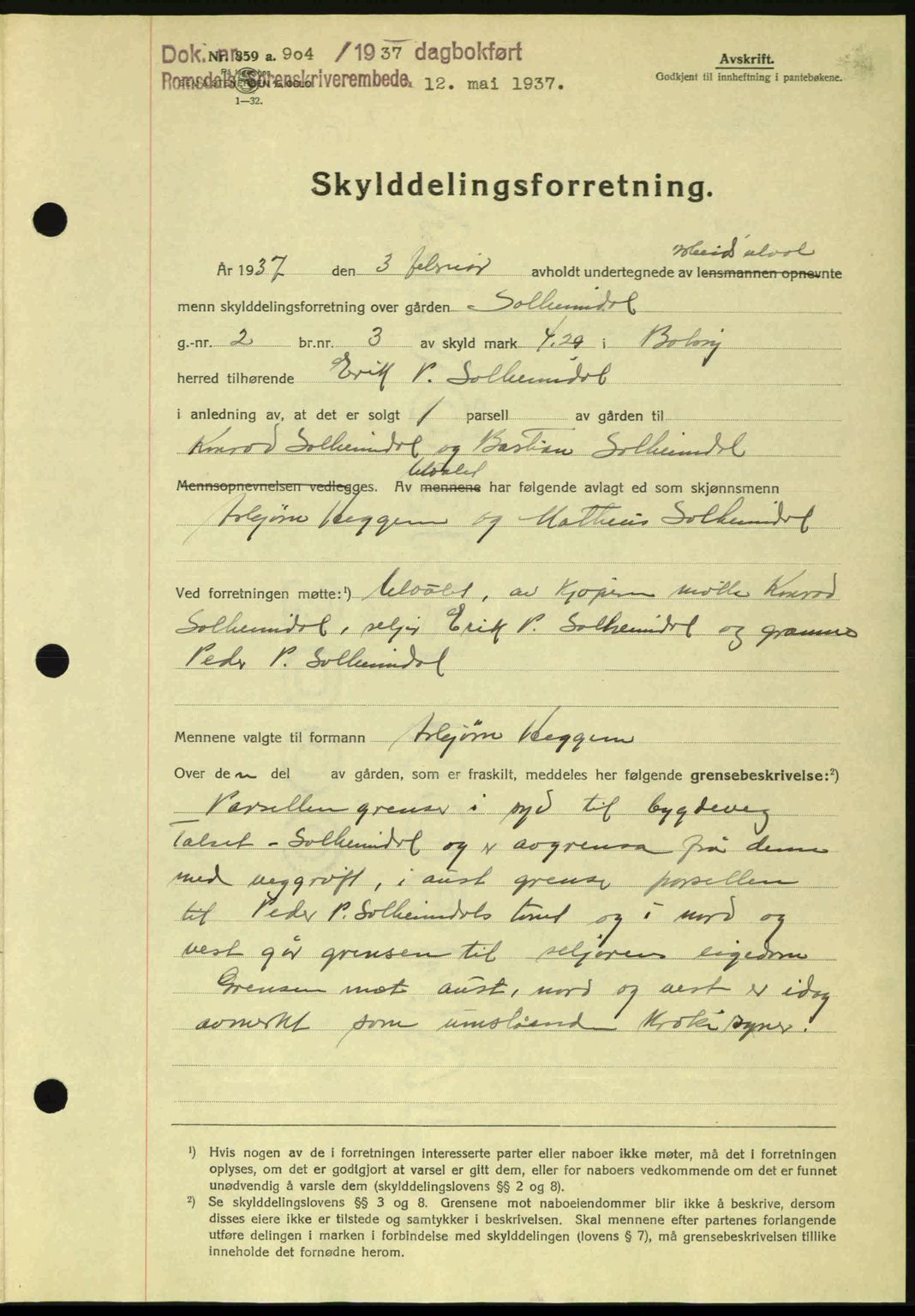 Romsdal sorenskriveri, SAT/A-4149/1/2/2C: Mortgage book no. A3, 1937-1937, Diary no: : 904/1937