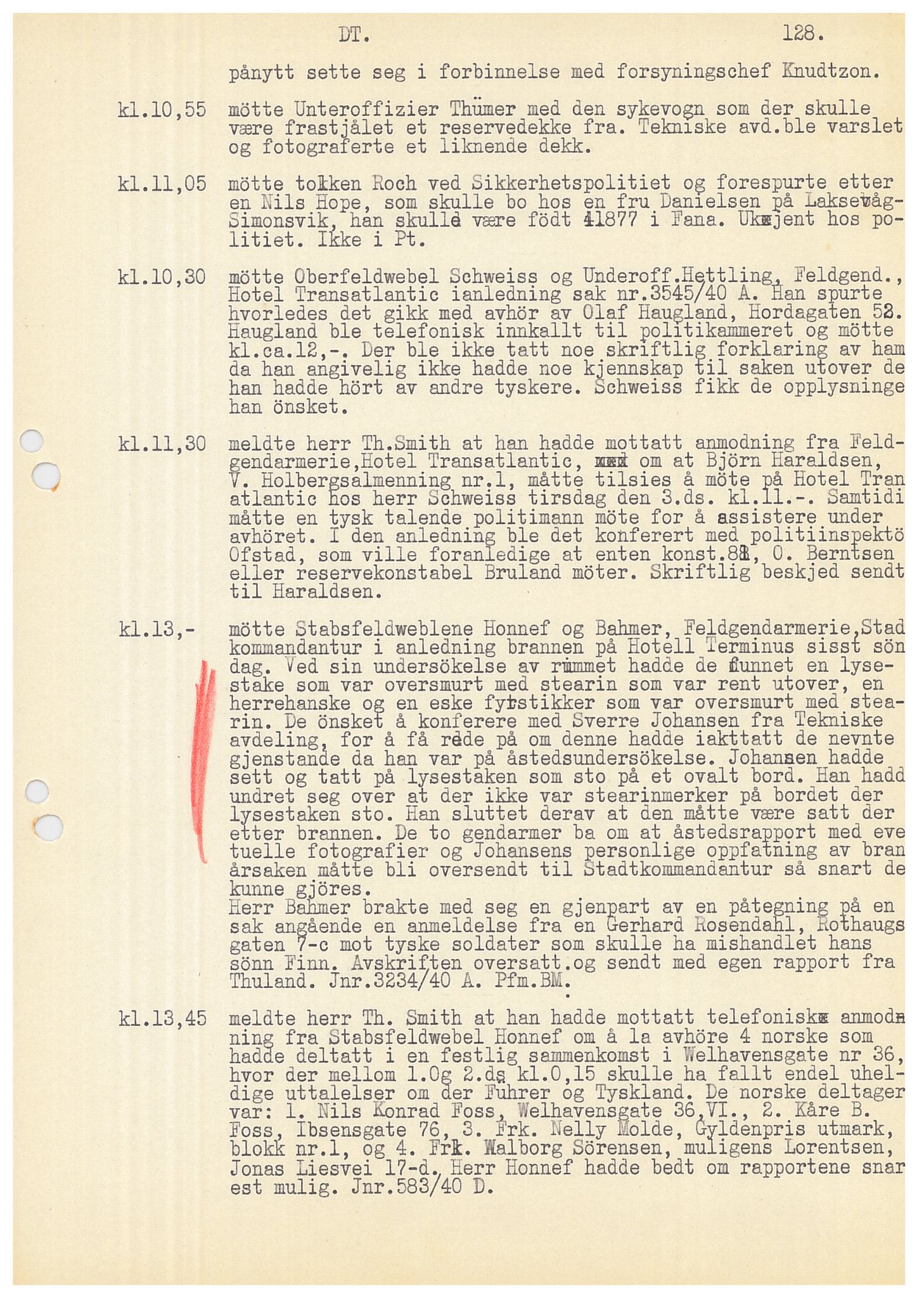 Bergen politikammer / politidistrikt, SAB/A-60401/Y/Ye/L0001: Avskrift av krigsdagbok av Dankert Thuland, 1940-1941, p. 128