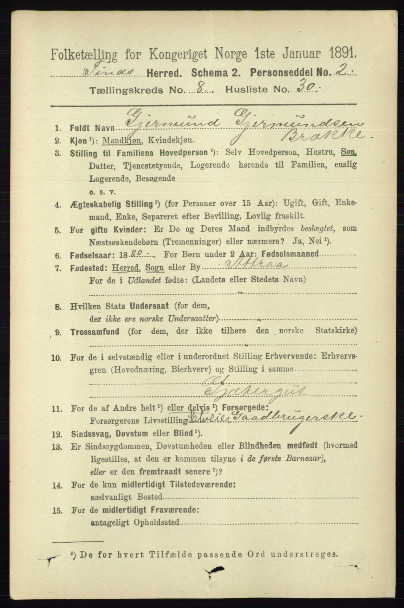 RA, 1891 census for 0826 Tinn, 1891, p. 1791