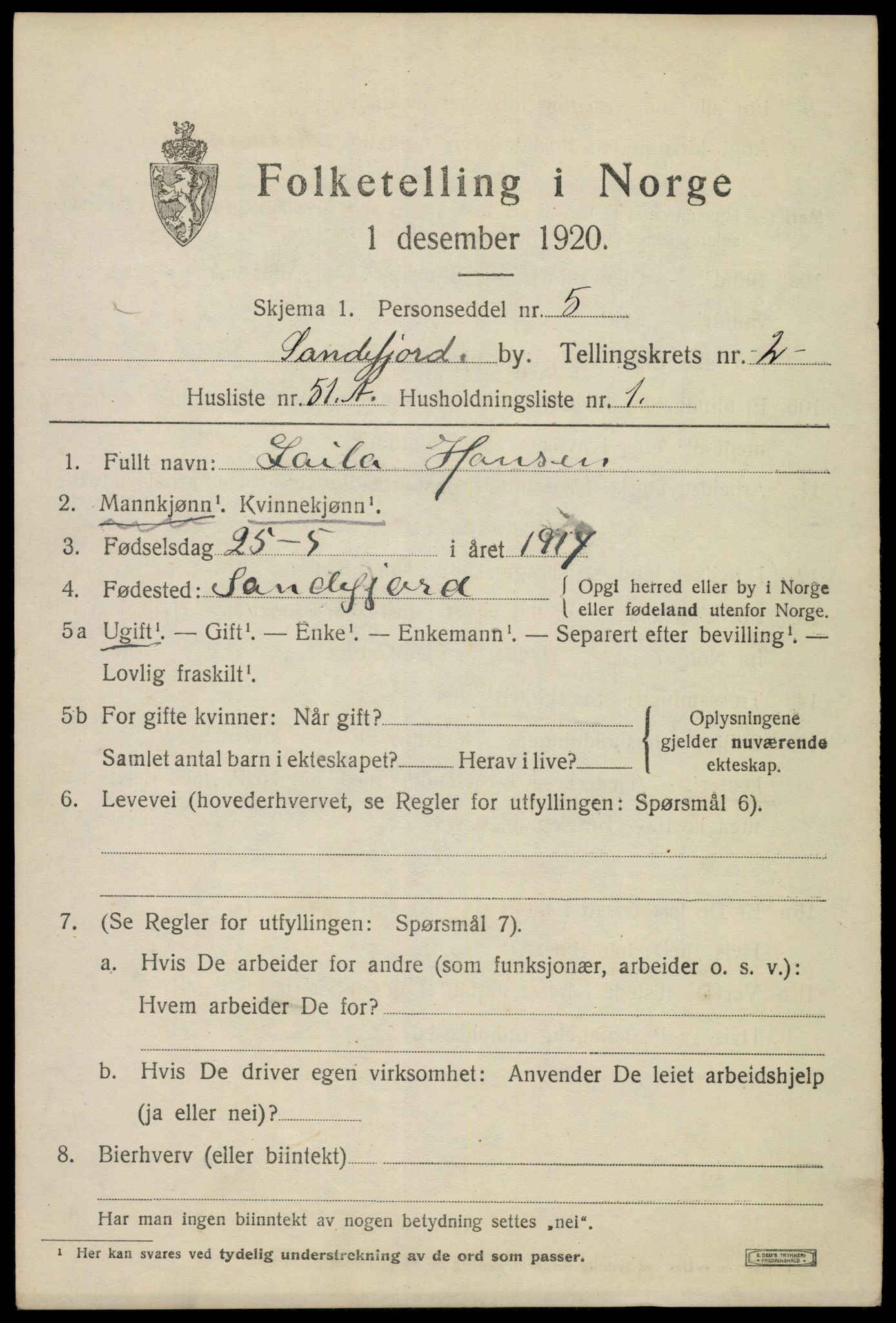 SAKO, 1920 census for Sandefjord, 1920, p. 6378