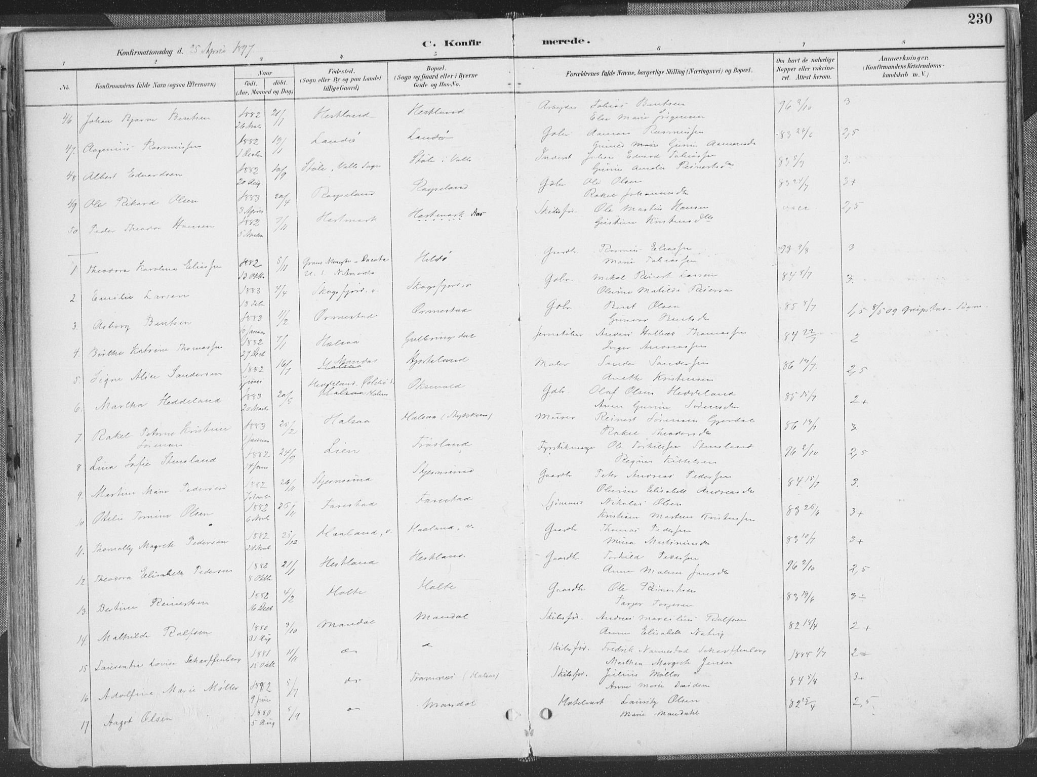 Mandal sokneprestkontor, AV/SAK-1111-0030/F/Fa/Faa/L0018: Parish register (official) no. A 18, 1890-1905, p. 230