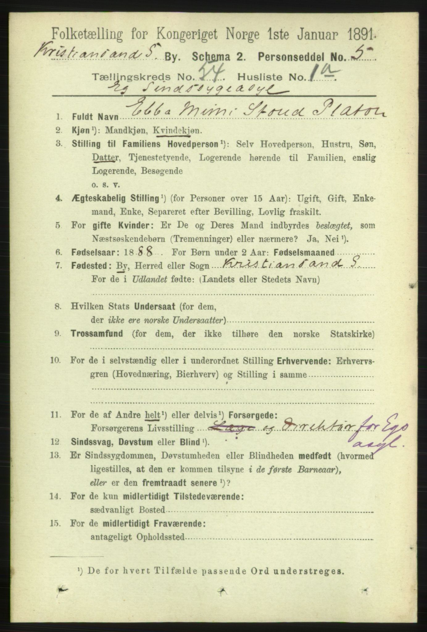 RA, 1891 census for 1001 Kristiansand, 1891, p. 15369