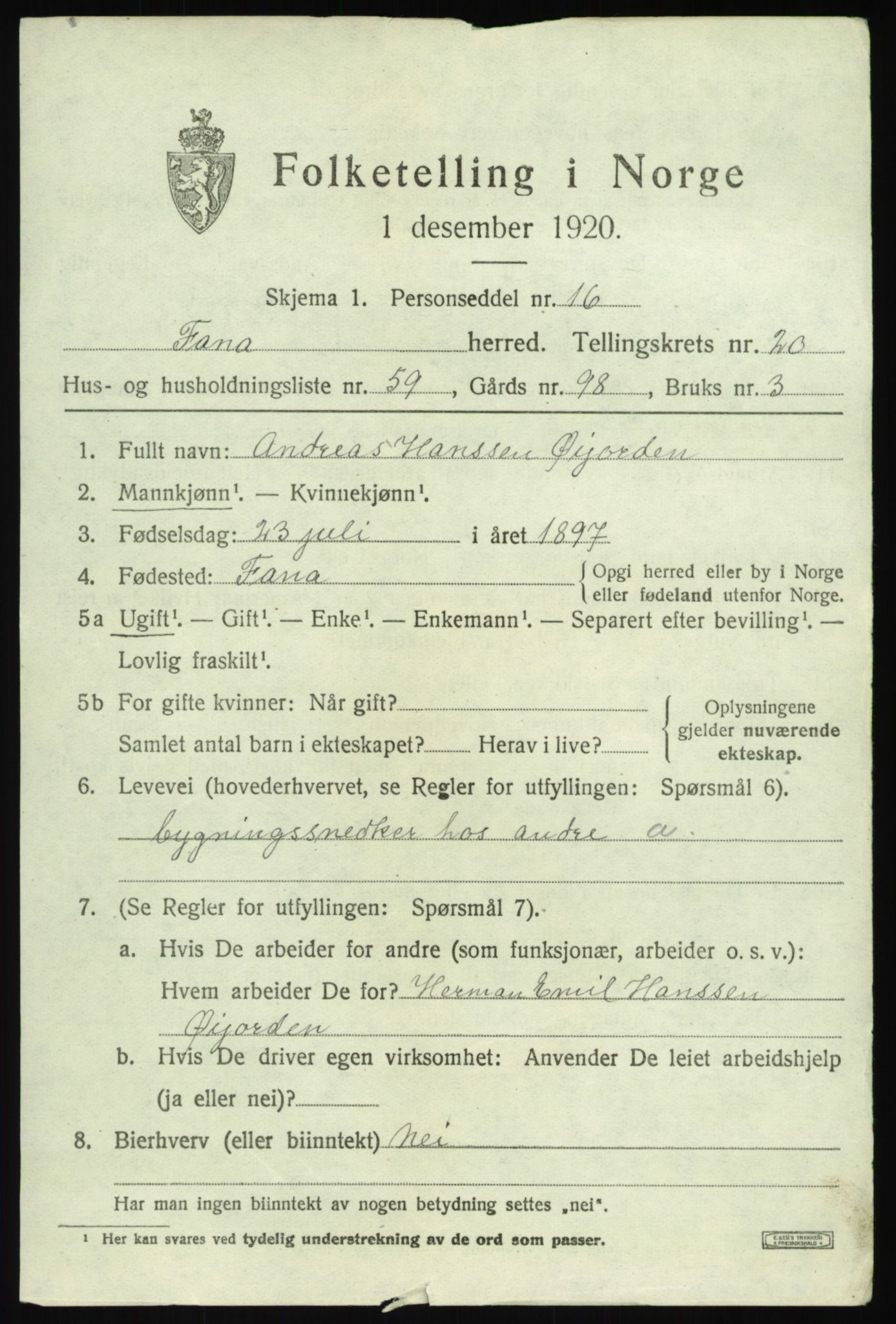 SAB, 1920 census for Fana, 1920, p. 24713