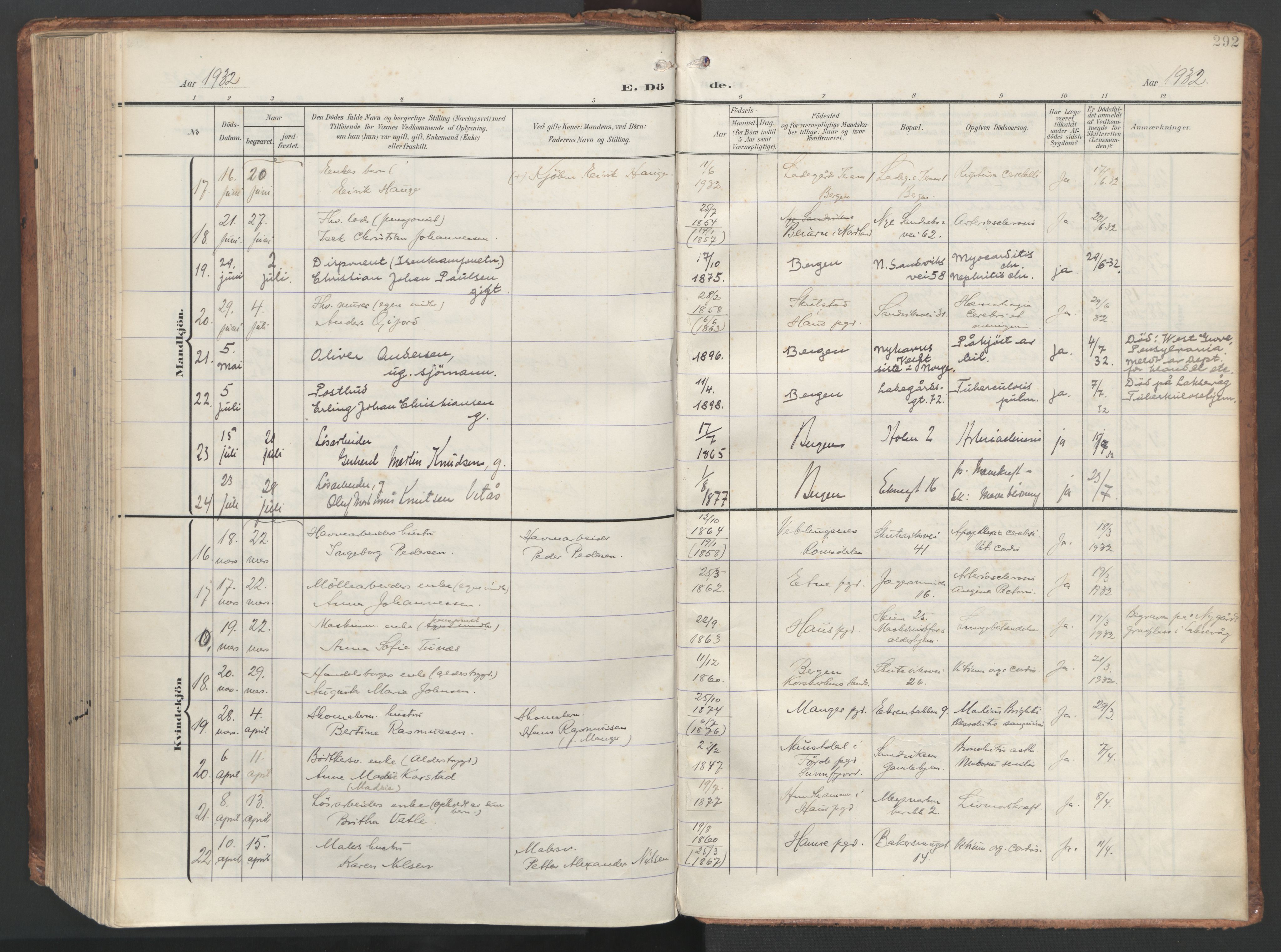 Sandviken Sokneprestembete, SAB/A-77601/H/Ha/L0019: Parish register (official) no. E 2, 1905-1933, p. 292