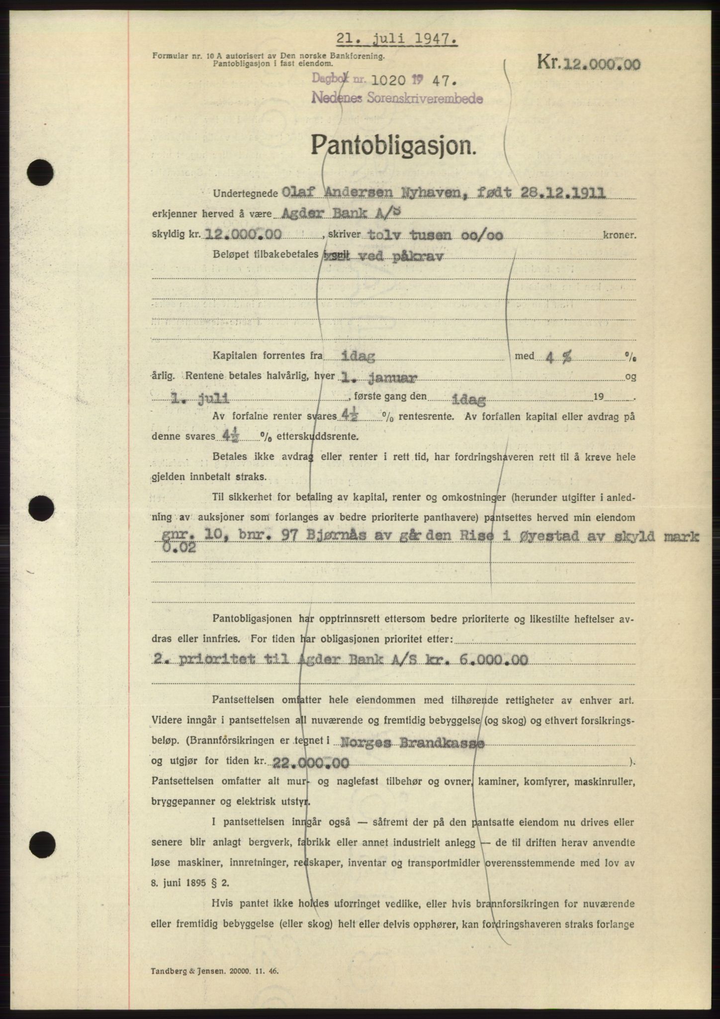 Nedenes sorenskriveri, AV/SAK-1221-0006/G/Gb/Gbb/L0004: Mortgage book no. B4, 1947-1947, Diary no: : 1020/1947