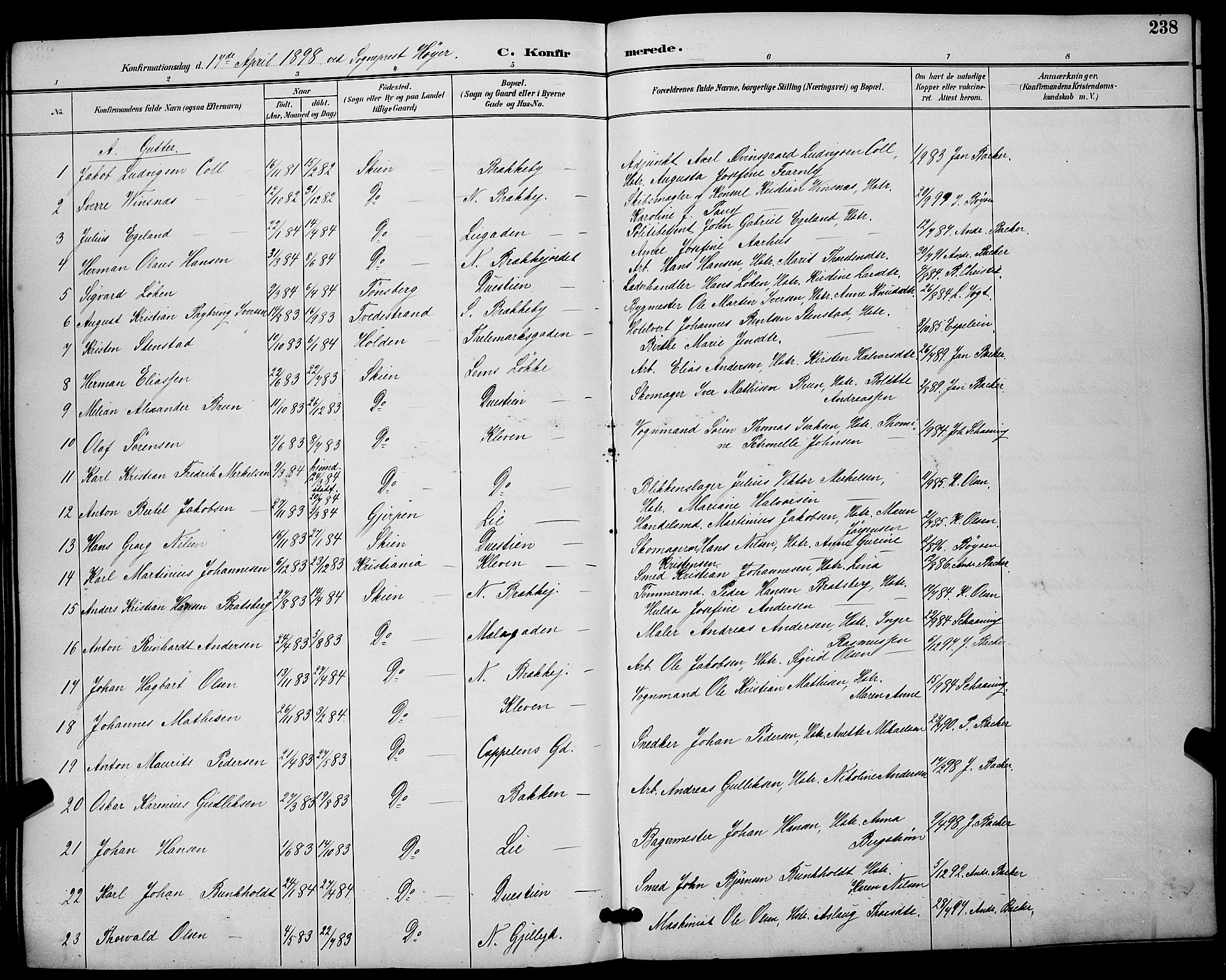 Skien kirkebøker, SAKO/A-302/G/Ga/L0007: Parish register (copy) no. 7, 1891-1900, p. 238
