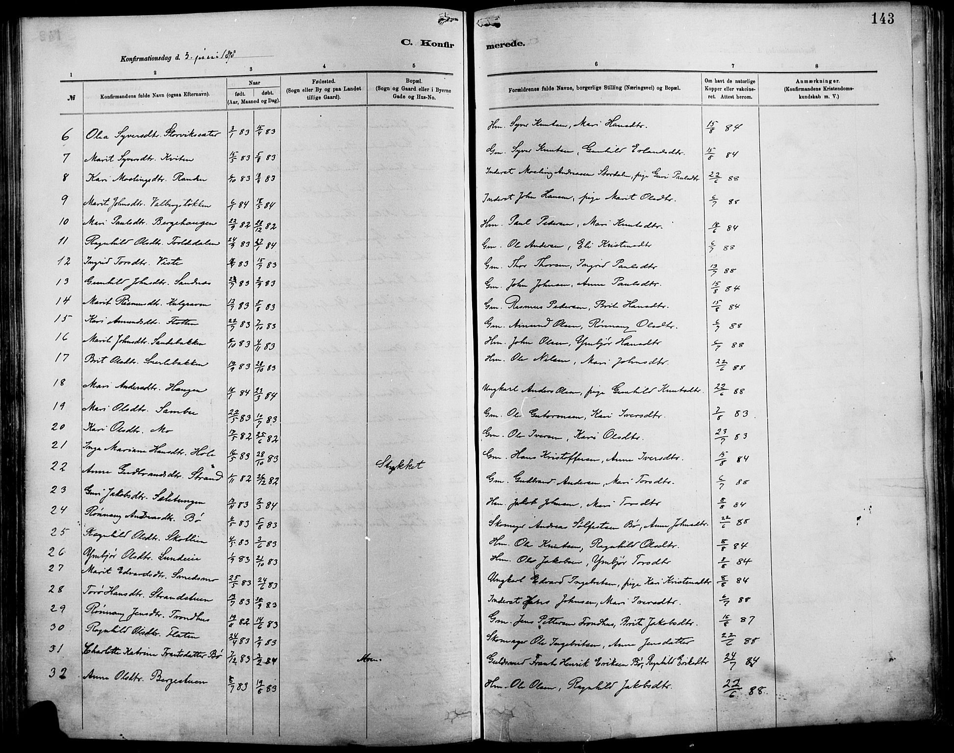 Vågå prestekontor, SAH/PREST-076/H/Ha/Haa/L0009: Parish register (official) no. 9, 1886-1904, p. 143