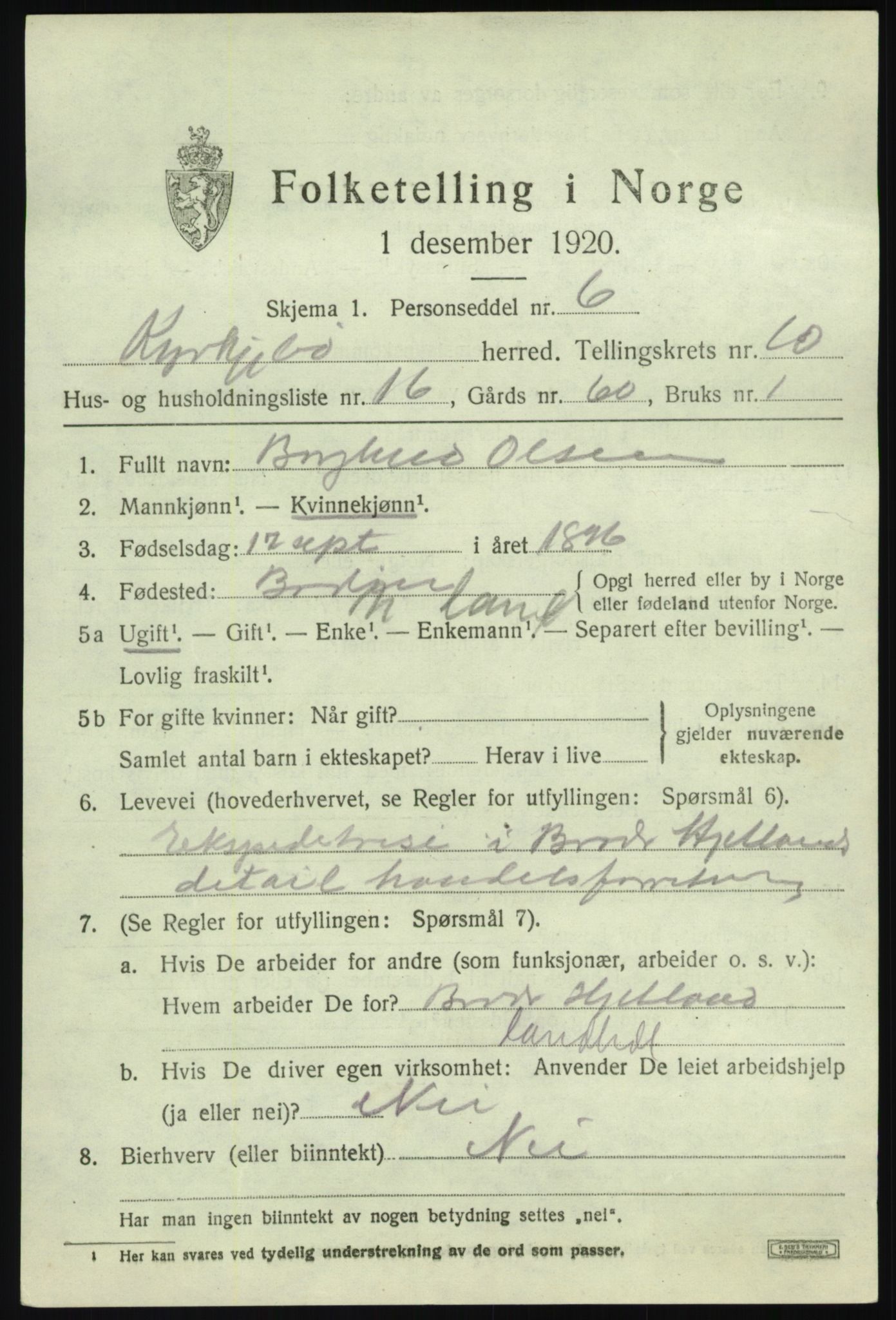 SAB, 1920 census for Kyrkjebø, 1920, p. 5705