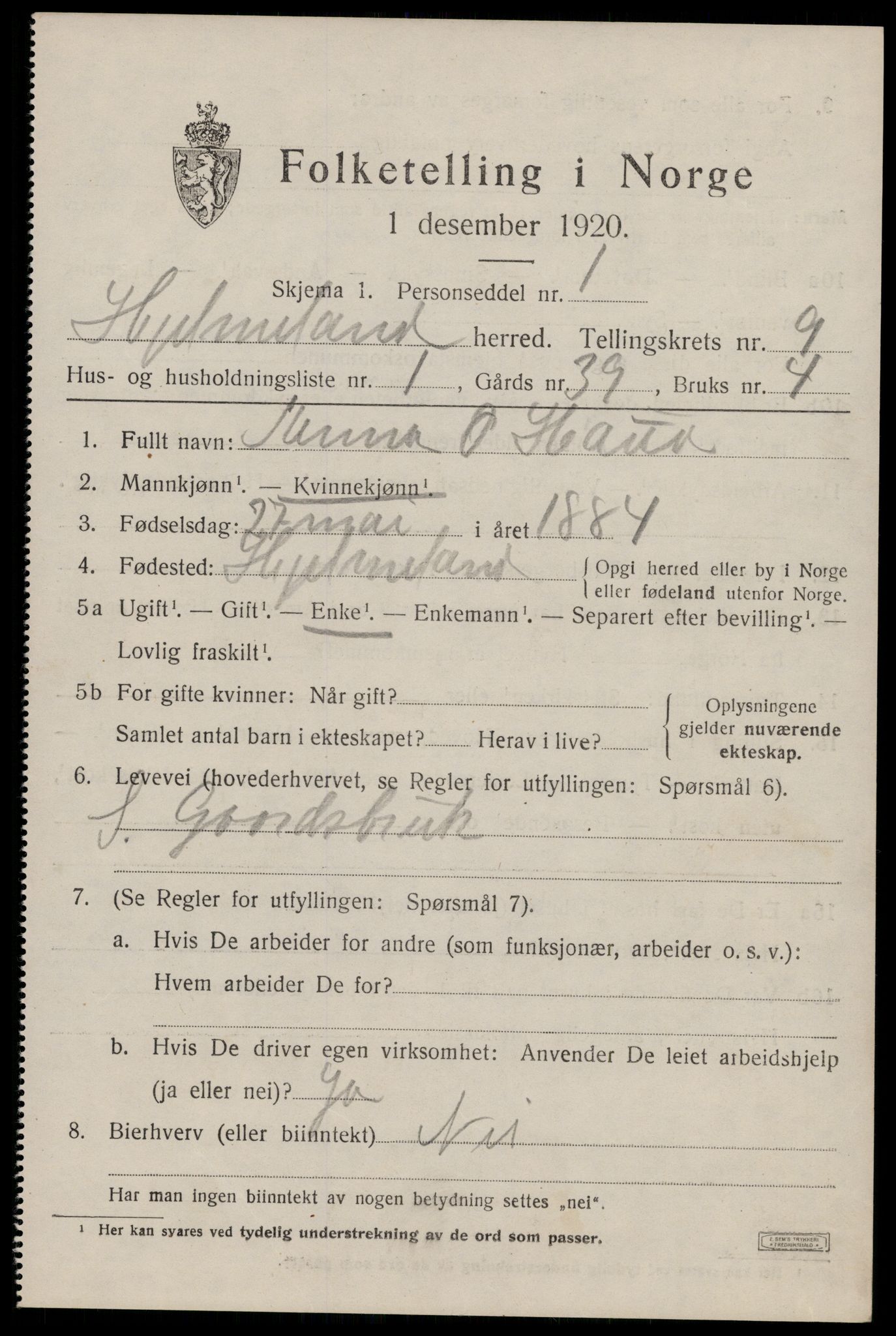 SAST, 1920 census for Hjelmeland, 1920, p. 2685