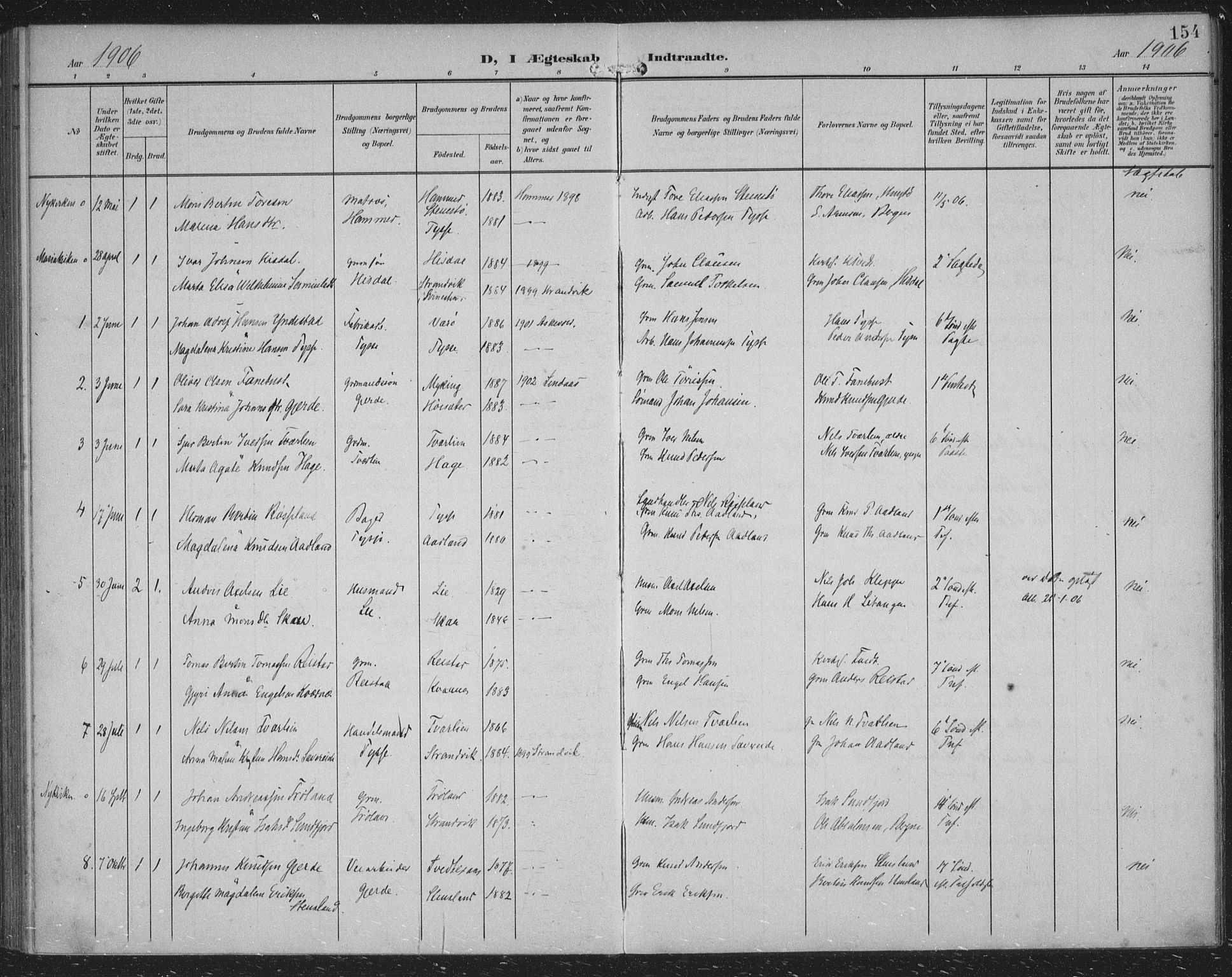Samnanger Sokneprestembete, SAB/A-77501/H/Haa: Parish register (official) no. A 2, 1902-1918, p. 154