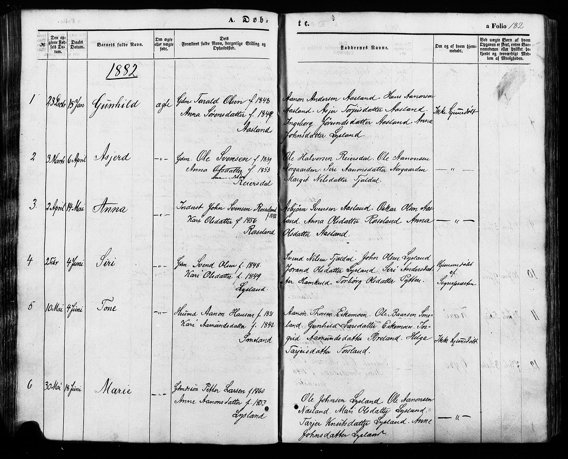 Åseral sokneprestkontor, SAK/1111-0051/F/Fa/L0002: Parish register (official) no. A 2, 1854-1884, p. 182