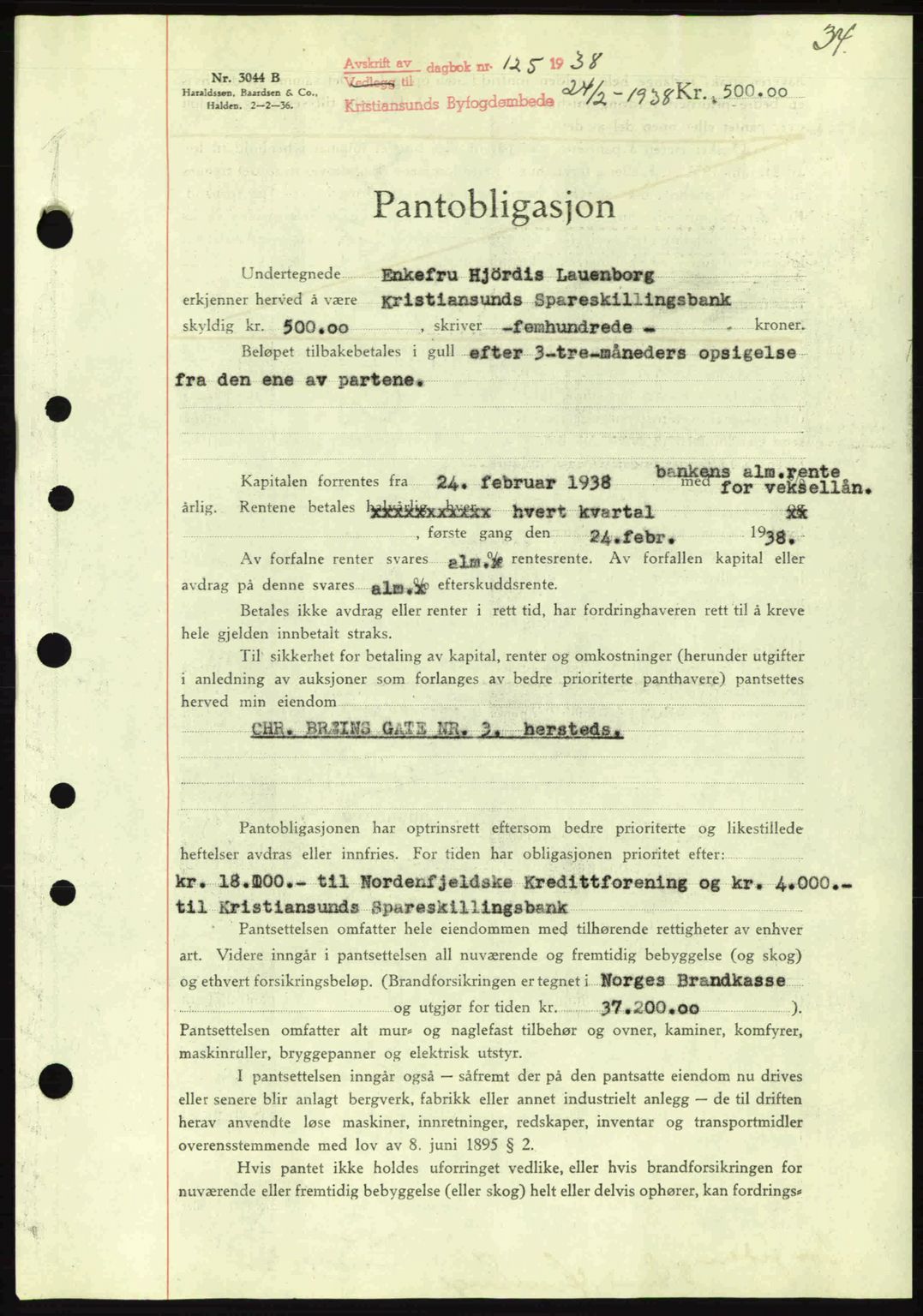Kristiansund byfogd, SAT/A-4587/A/27: Mortgage book no. 31, 1938-1939, Diary no: : 125/1938