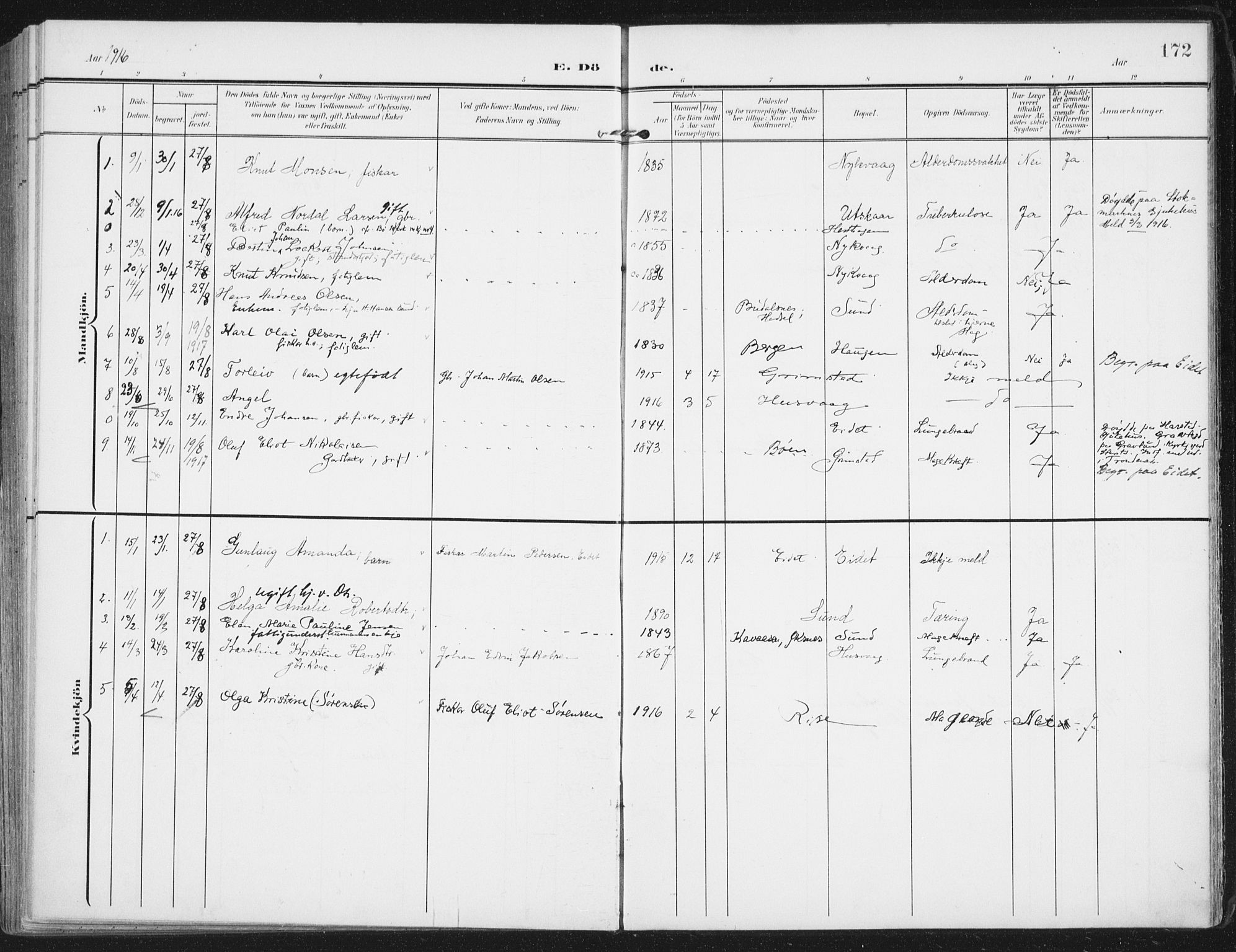 Ministerialprotokoller, klokkerbøker og fødselsregistre - Nordland, SAT/A-1459/892/L1321: Parish register (official) no. 892A02, 1902-1918, p. 172