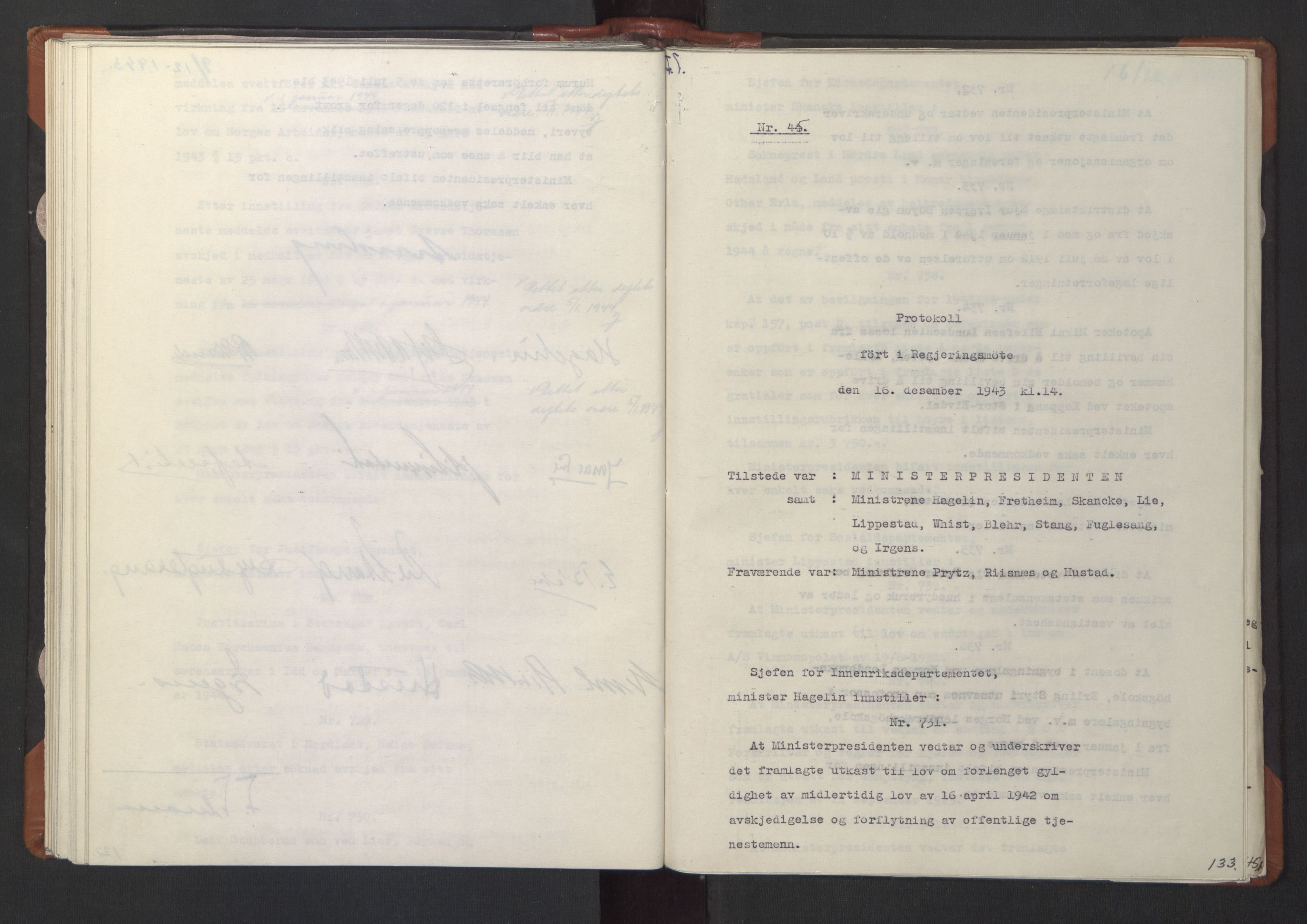 NS-administrasjonen 1940-1945 (Statsrådsekretariatet, de kommisariske statsråder mm), RA/S-4279/D/Da/L0003: Vedtak (Beslutninger) nr. 1-746 og tillegg nr. 1-47 (RA. j.nr. 1394/1944, tilgangsnr. 8/1944, 1943, p. 135