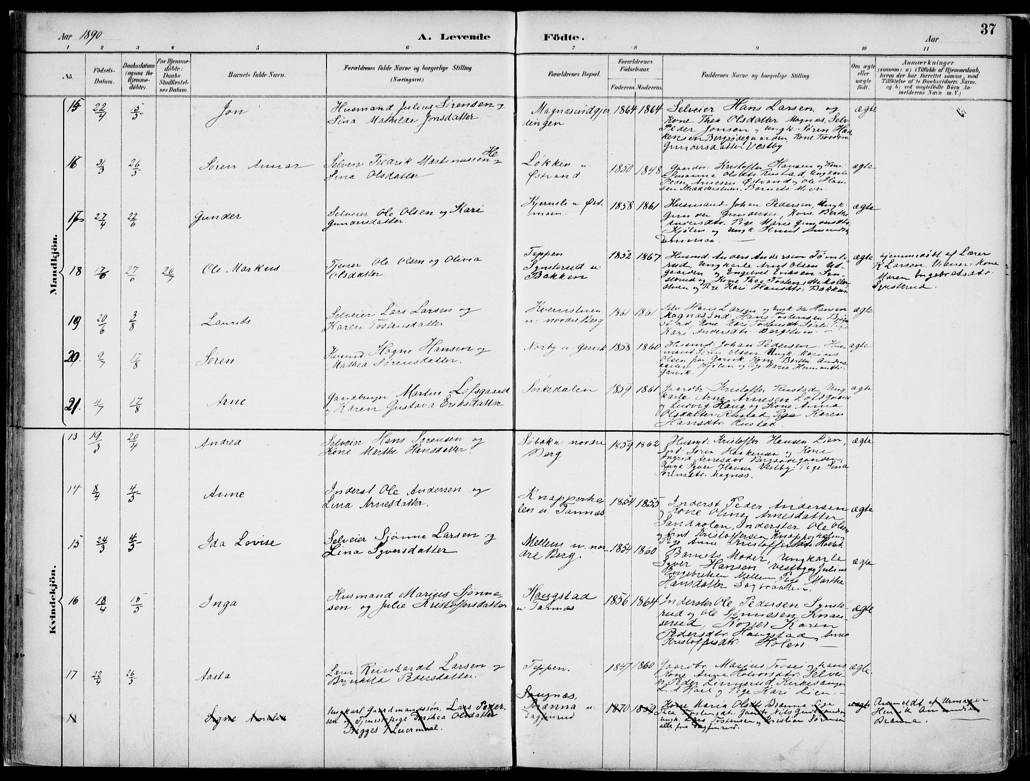 Nord-Odal prestekontor, AV/SAH-PREST-032/H/Ha/Haa/L0008: Parish register (official) no. 8, 1886-1901, p. 37