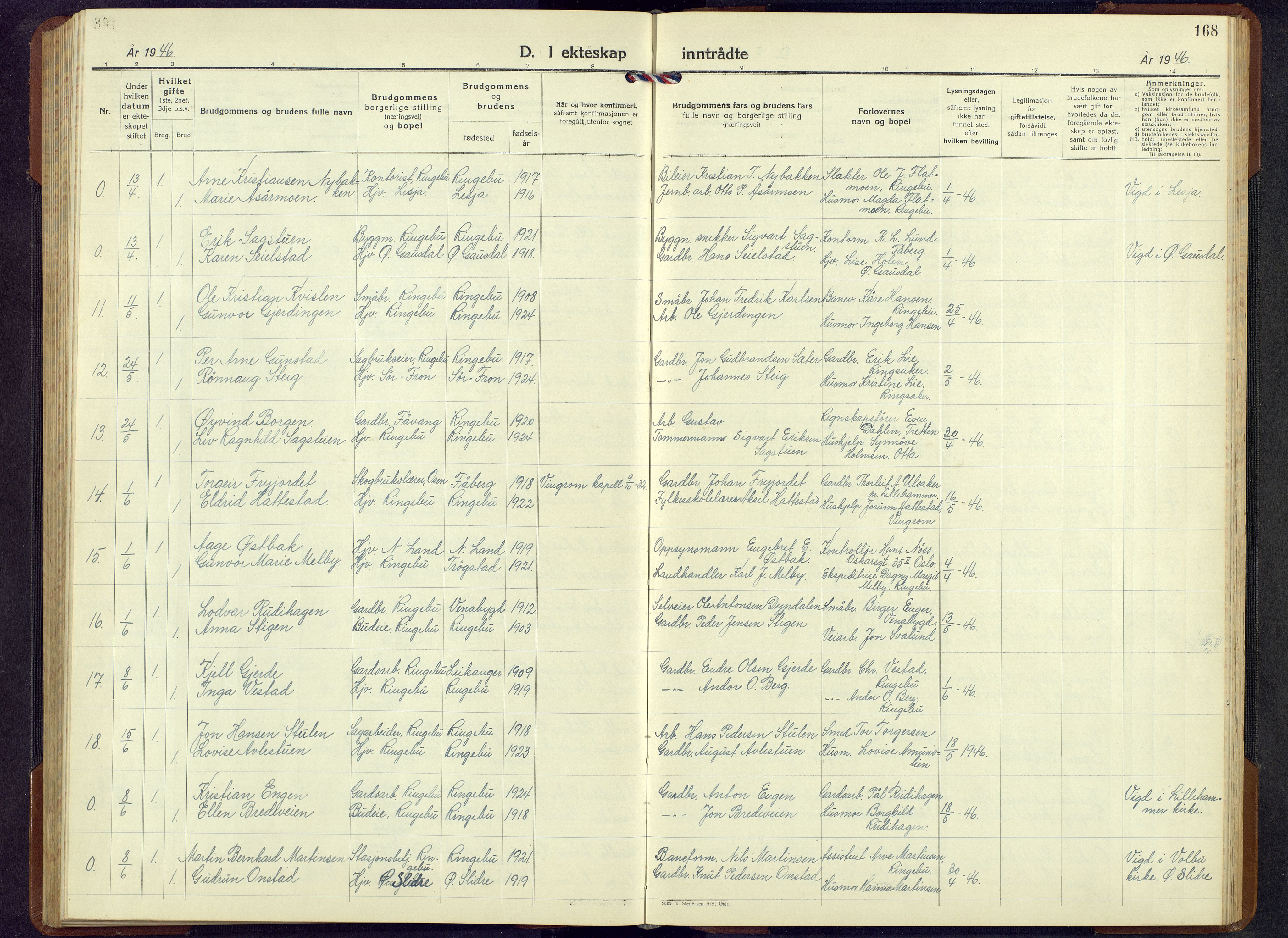 Ringebu prestekontor, SAH/PREST-082/H/Ha/Hab/L0013: Parish register (copy) no. 13, 1943-1956, p. 168