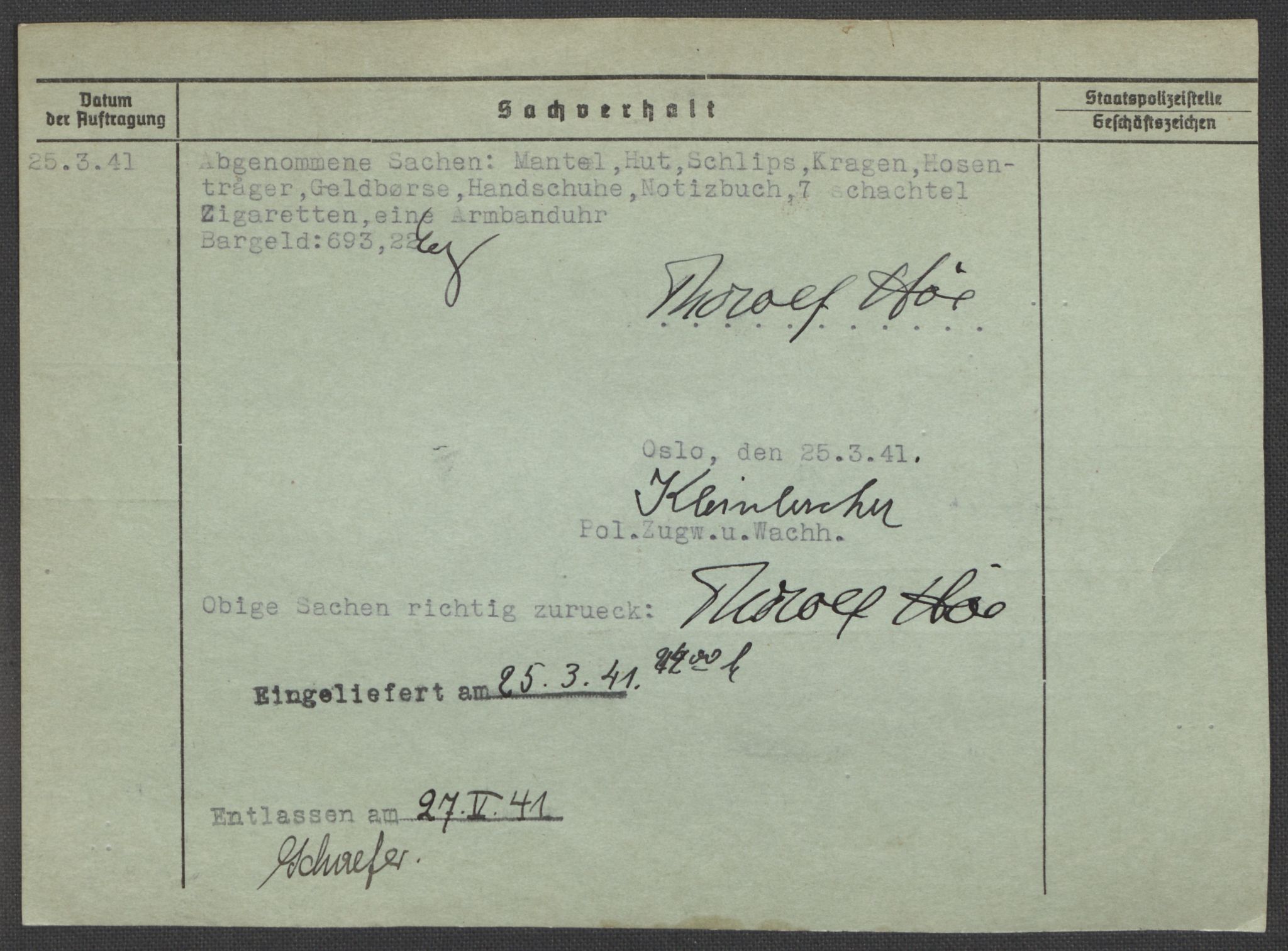 Befehlshaber der Sicherheitspolizei und des SD, RA/RAFA-5969/E/Ea/Eaa/L0005: Register over norske fanger i Møllergata 19: Hø-Kj, 1940-1945, p. 3