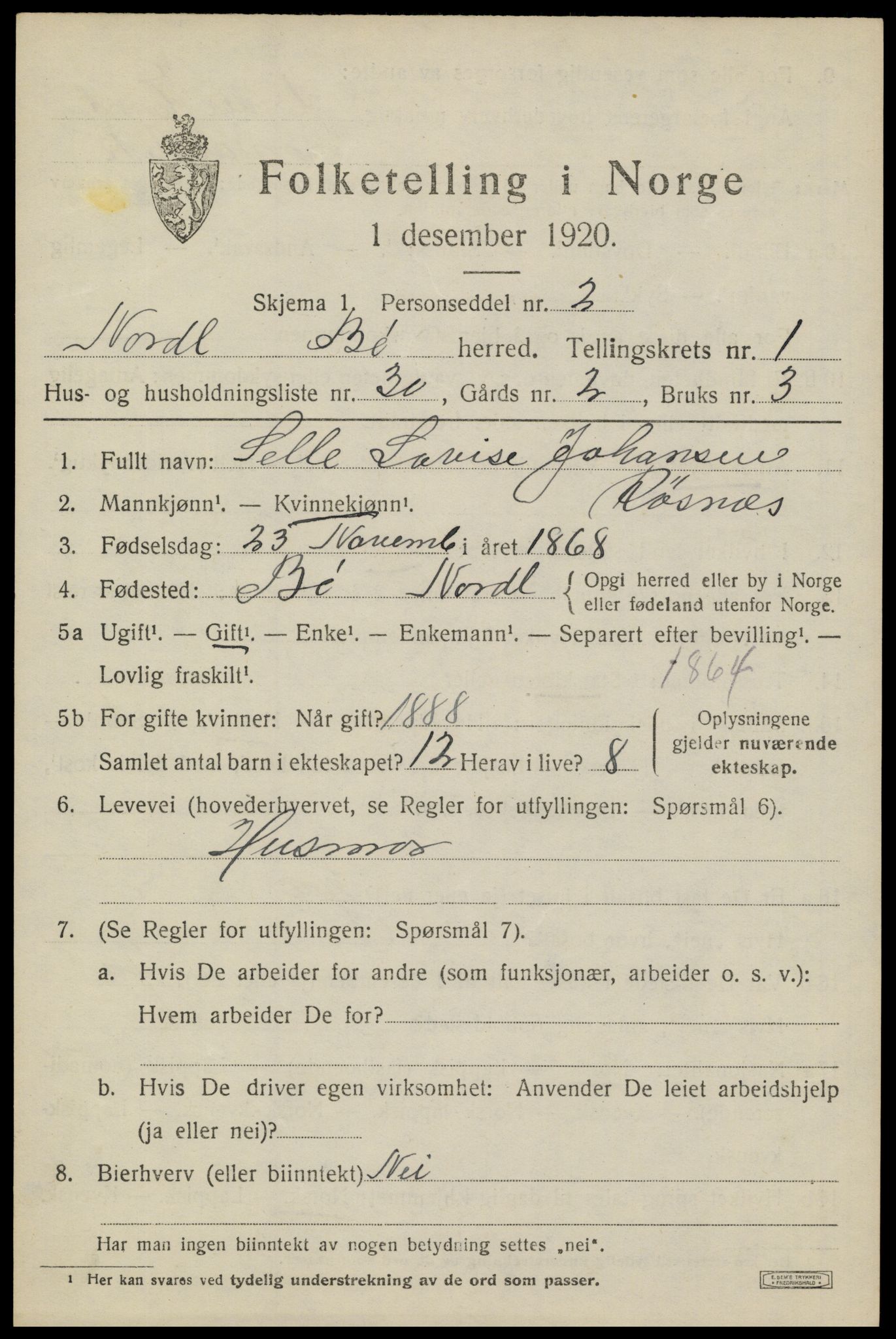 SAT, 1920 census for Bø, 1920, p. 1904