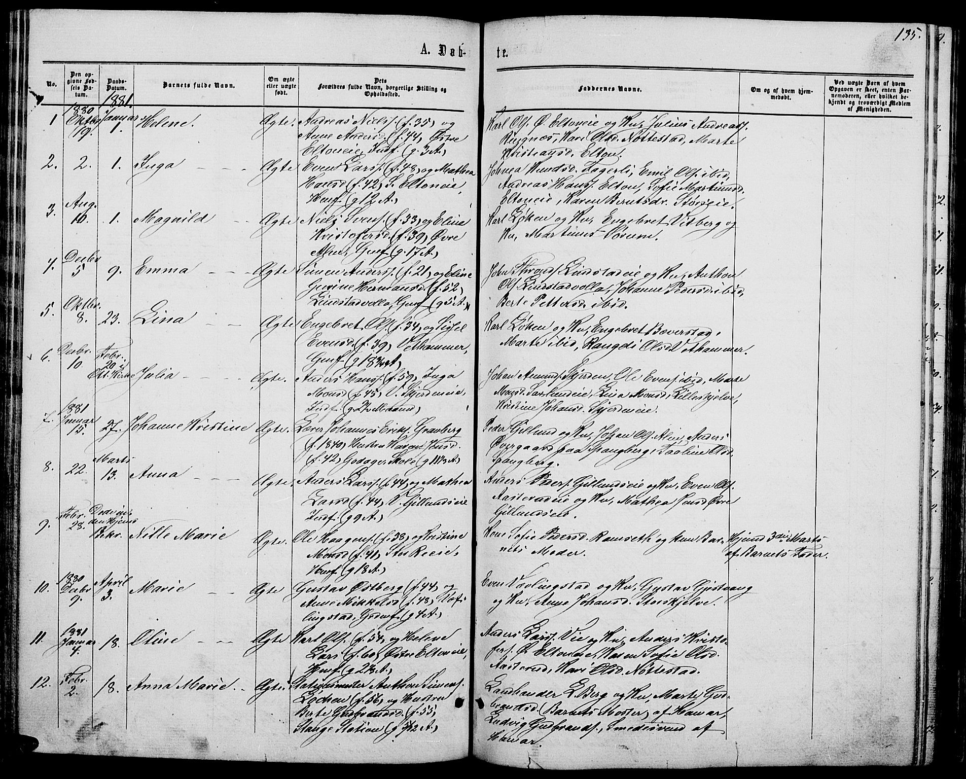 Stange prestekontor, SAH/PREST-002/L/L0006: Parish register (copy) no. 6, 1864-1882, p. 135