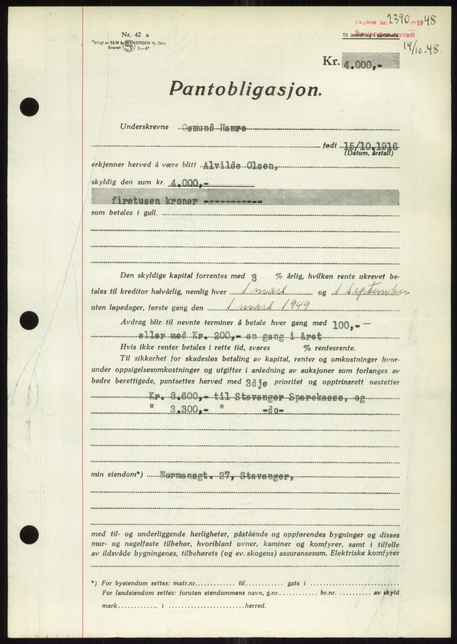 Stavanger byrett, SAST/A-100455/002/G/Gb/L0032: Mortgage book, 1947-1950, Diary no: : 2390/1948