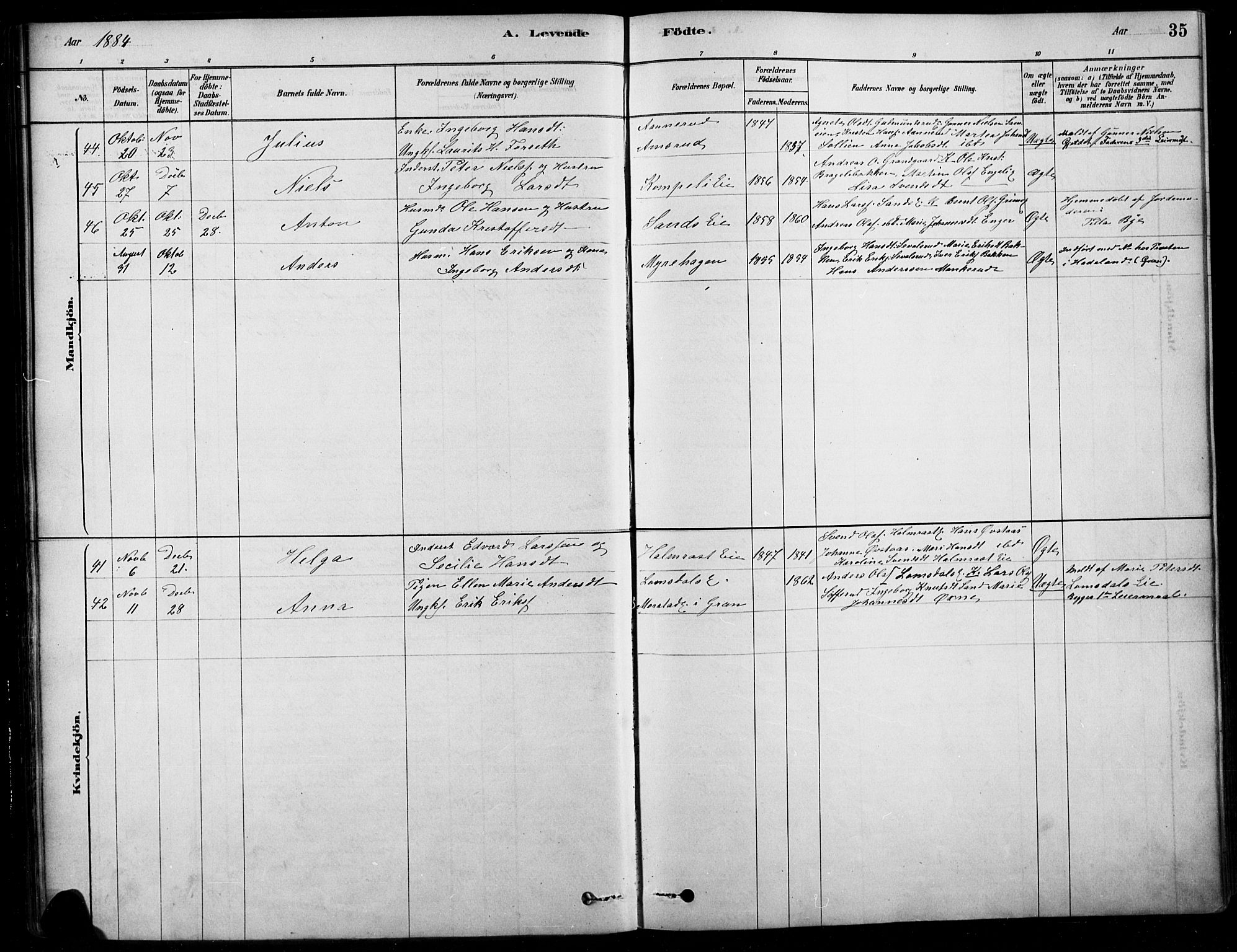 Søndre Land prestekontor, AV/SAH-PREST-122/K/L0003: Parish register (official) no. 3, 1878-1894, p. 35