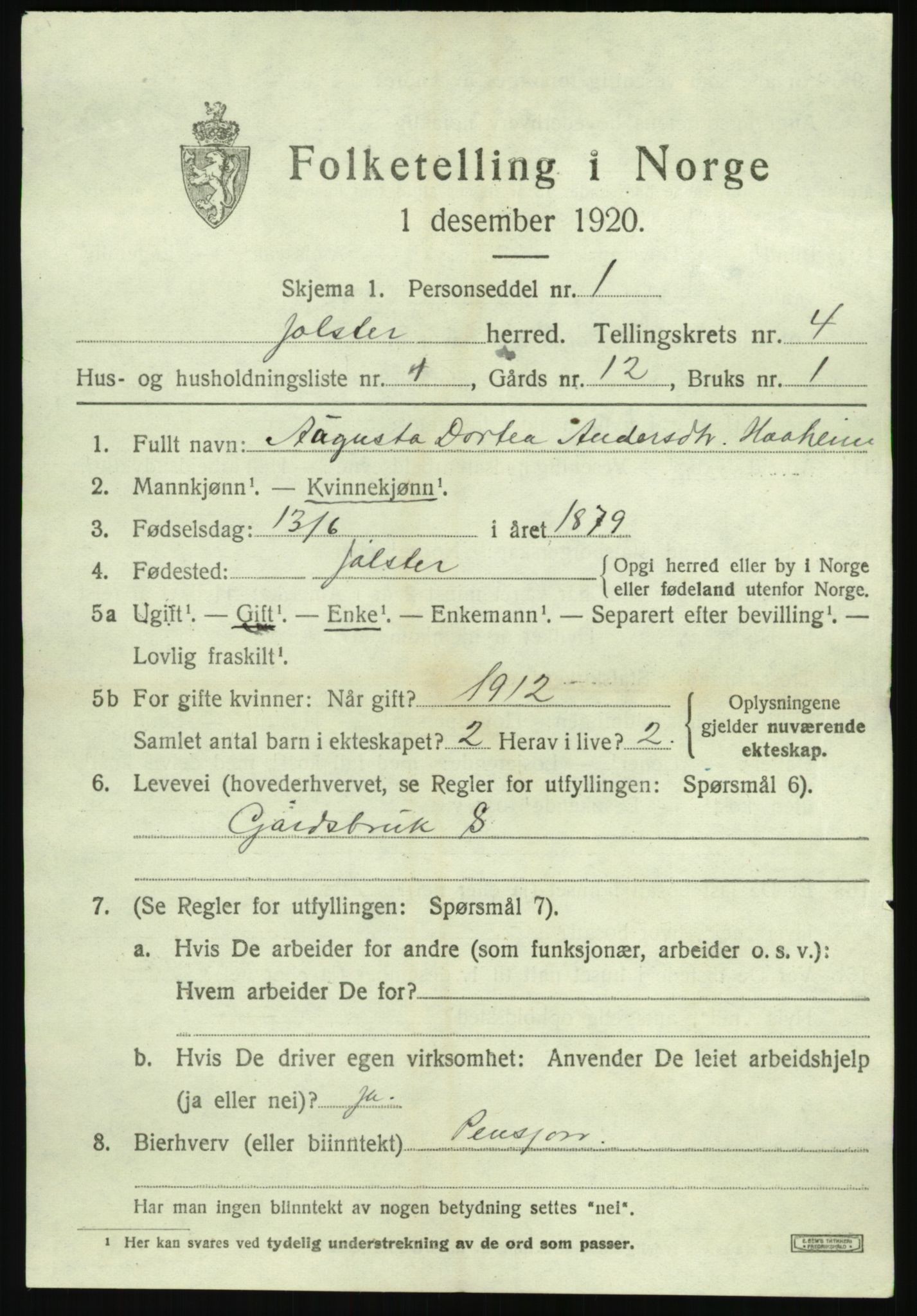 SAB, 1920 census for Jølster, 1920, p. 2370