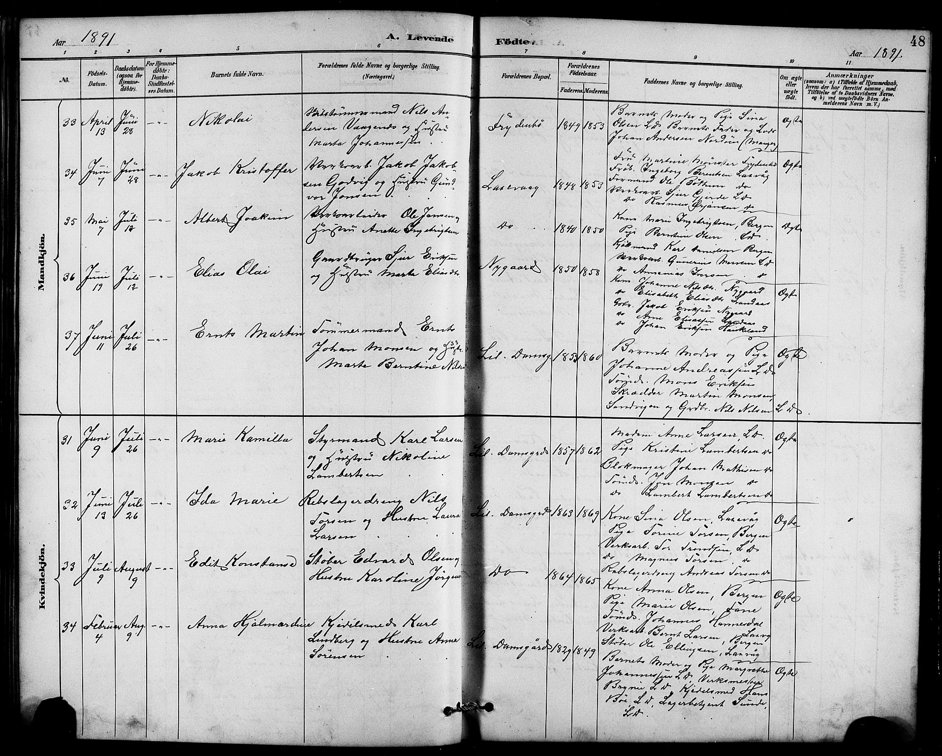 Laksevåg Sokneprestembete, AV/SAB-A-76501/H/Ha/Hab/Haba/L0003: Parish register (copy) no. A 3, 1887-1899, p. 48