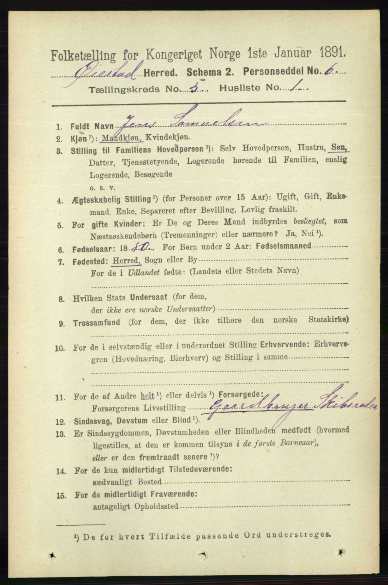 RA, 1891 census for 0920 Øyestad, 1891, p. 1815