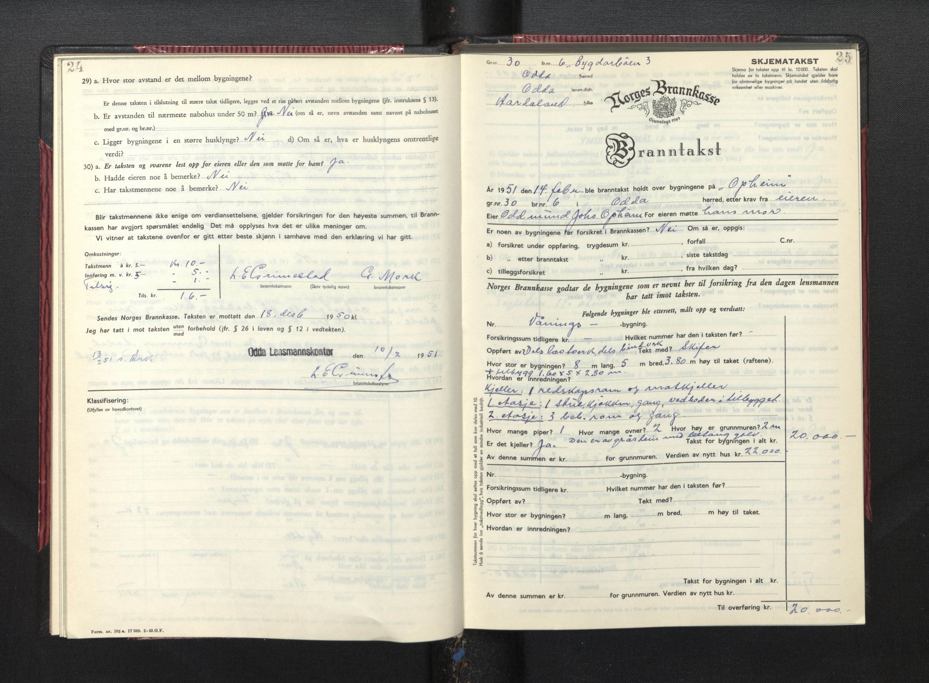 Lensmannen i Odda, AV/SAB-A-34001/0012/L0004: Branntakstprotokoll, skjematakst, 1950-1955, p. 24-25