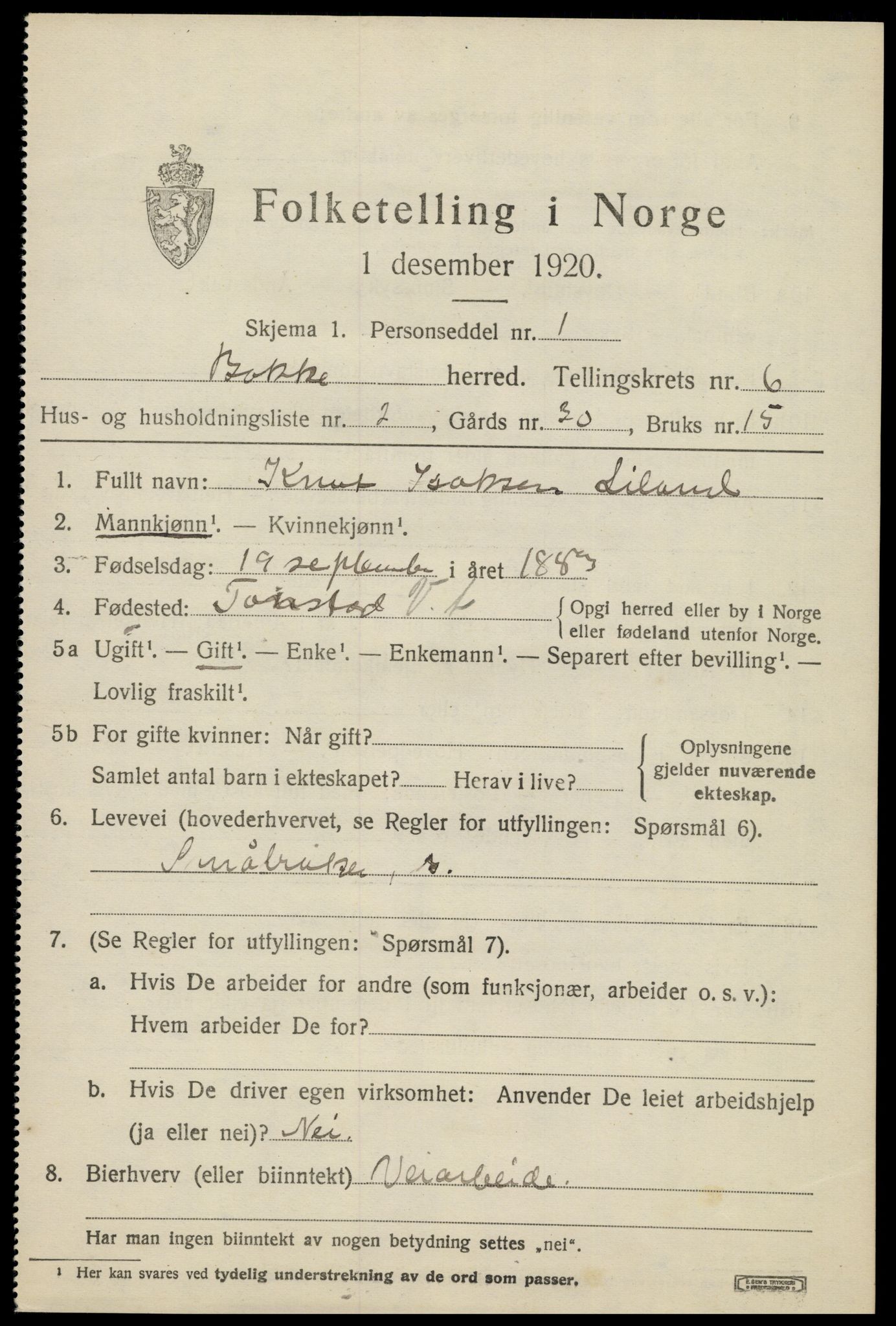 SAK, 1920 census for Bakke, 1920, p. 1824