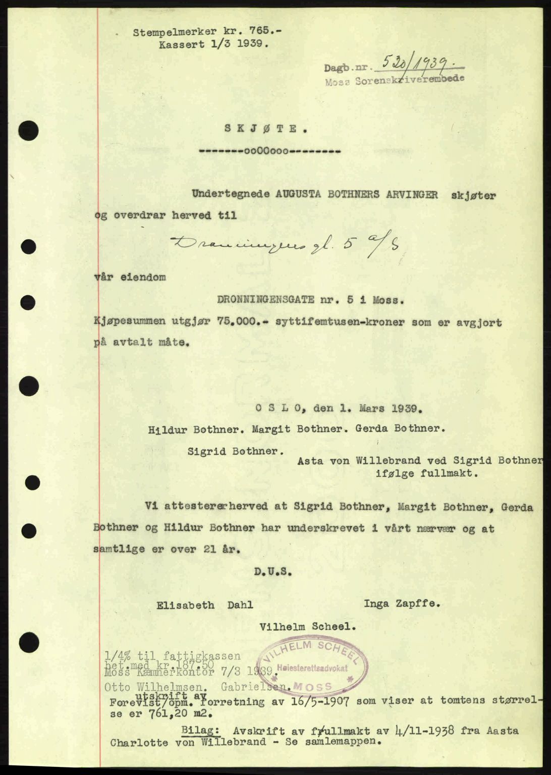 Moss sorenskriveri, SAO/A-10168: Mortgage book no. A5, 1938-1939, Diary no: : 520/1939