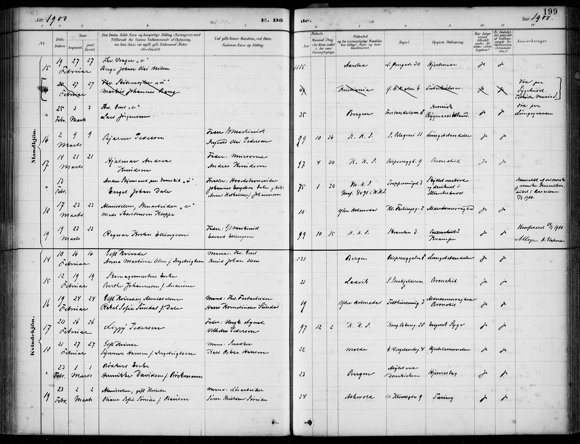 Korskirken sokneprestembete, AV/SAB-A-76101/H/Hab: Parish register (copy) no. E 4, 1884-1910, p. 199