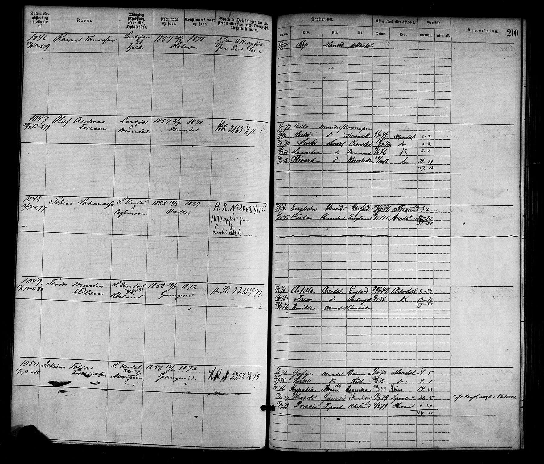 Mandal mønstringskrets, SAK/2031-0016/F/Fa/L0001: Annotasjonsrulle nr 1-1920 med register, L-3, 1869-1881, p. 245