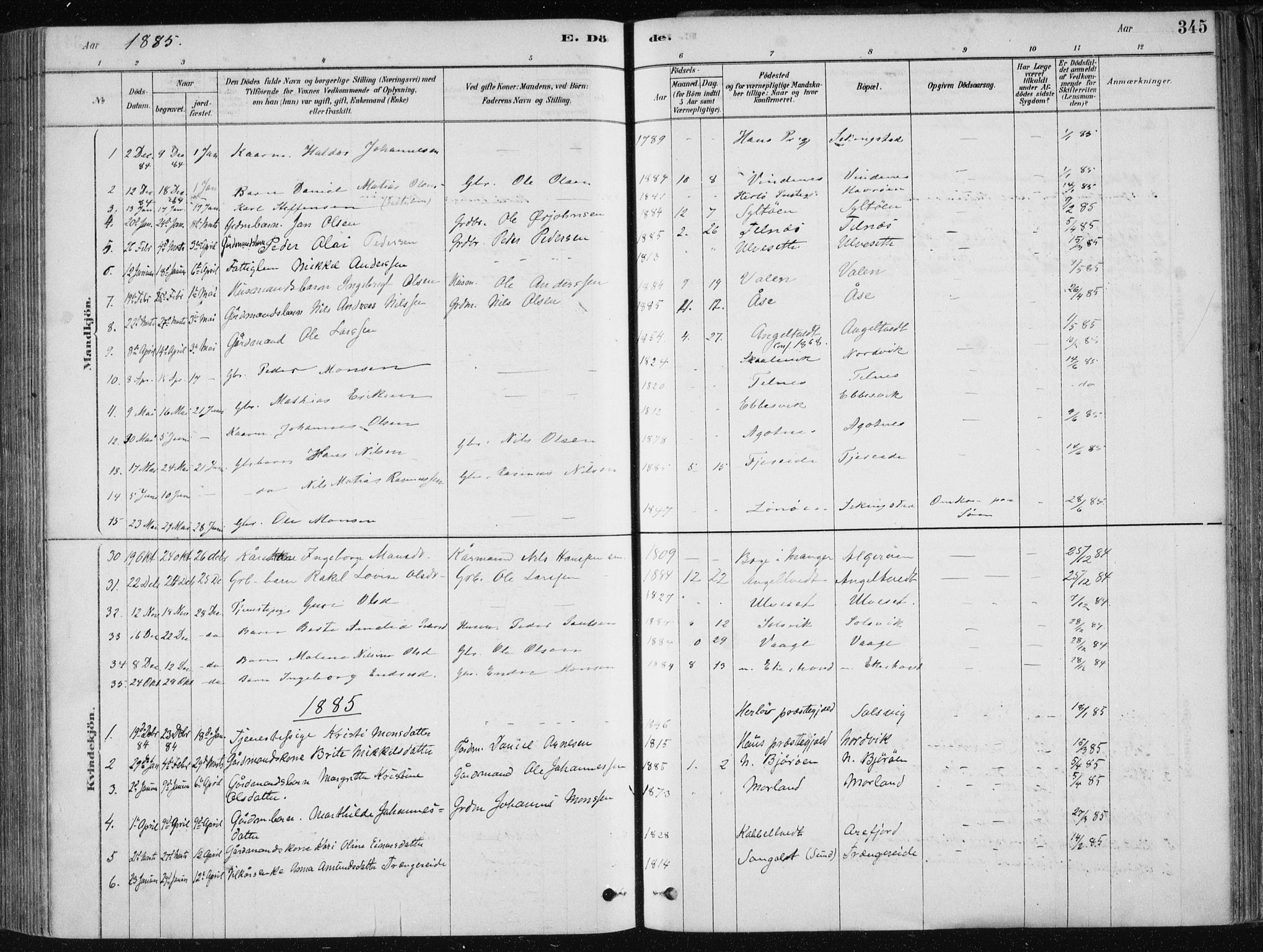 Fjell sokneprestembete, AV/SAB-A-75301/H/Haa: Parish register (official) no. A  8, 1878-1898, p. 345
