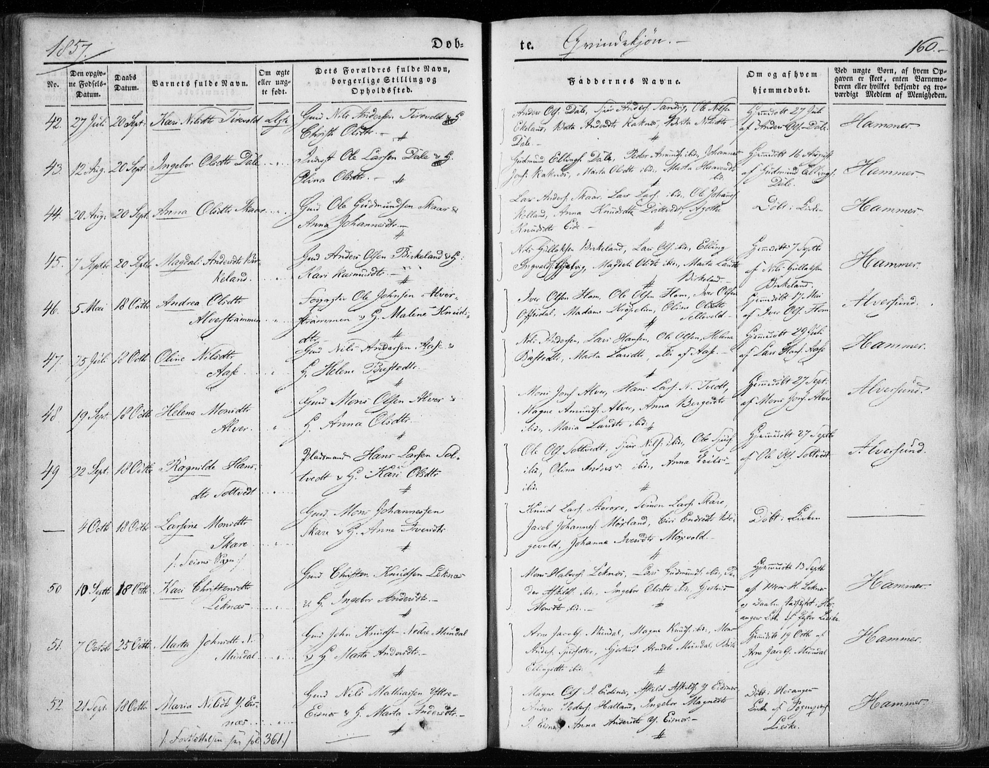 Hamre sokneprestembete, SAB/A-75501/H/Ha/Haa/Haaa/L0013: Parish register (official) no. A 13, 1846-1857, p. 160