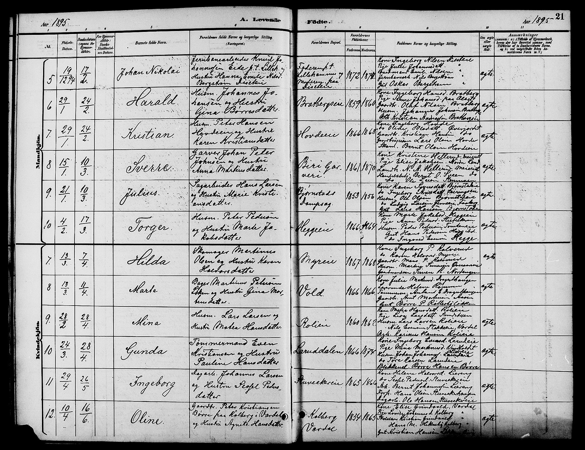 Biri prestekontor, SAH/PREST-096/H/Ha/Hab/L0004: Parish register (copy) no. 4, 1892-1909, p. 21