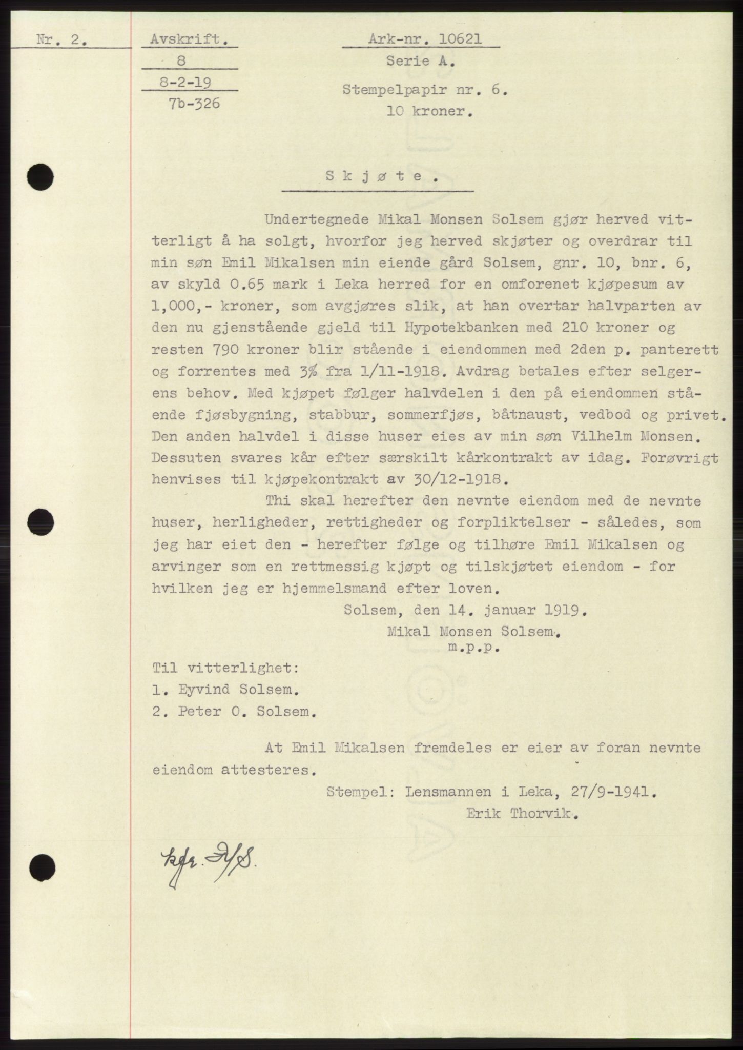 Namdal sorenskriveri, SAT/A-4133/1/2/2C: Mortgage book no. -, 1916-1921, Deed date: 08.02.1919