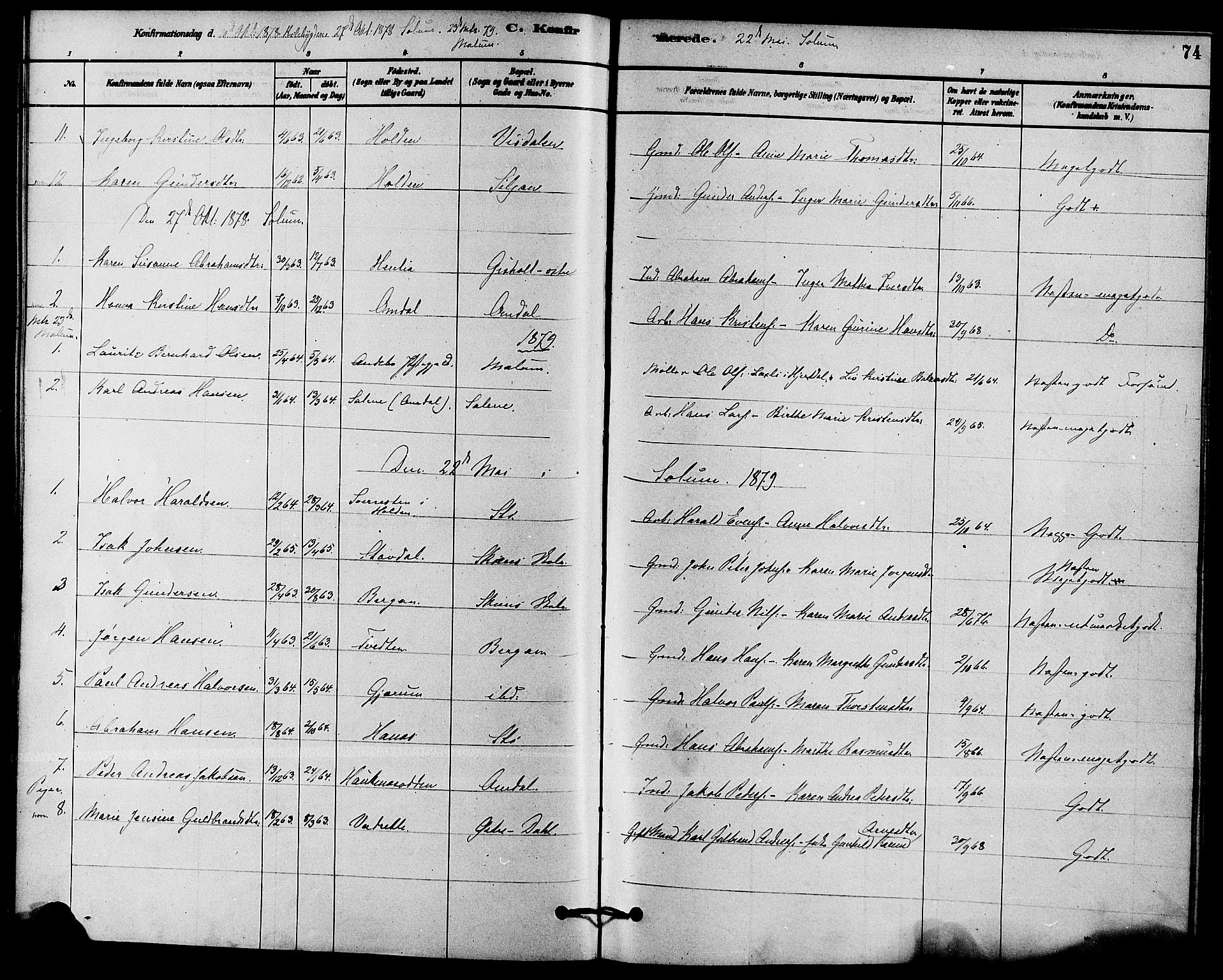 Solum kirkebøker, SAKO/A-306/F/Fb/L0001: Parish register (official) no. II 1, 1877-1892, p. 74