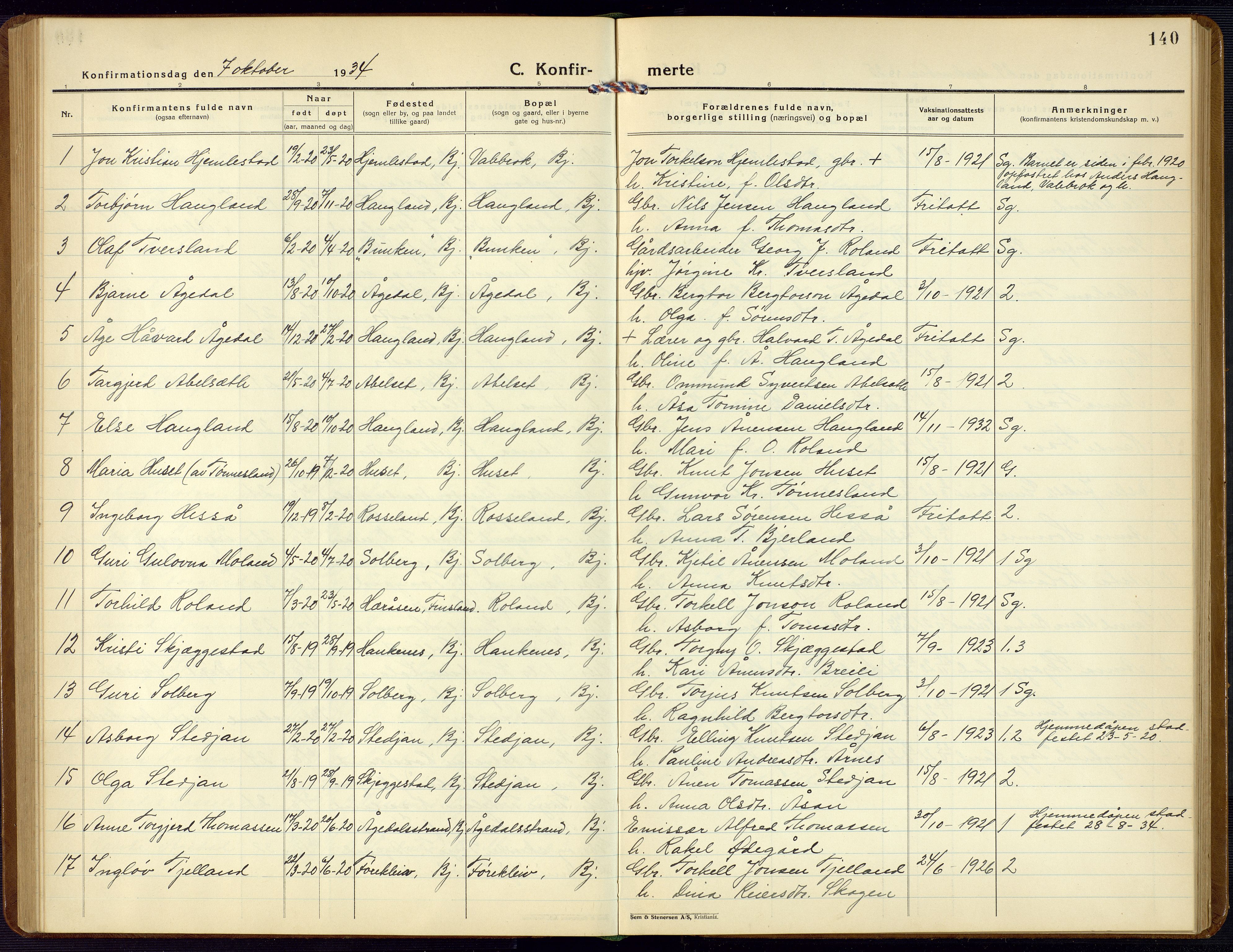 Bjelland sokneprestkontor, SAK/1111-0005/F/Fb/Fba/L0006: Parish register (copy) no. B 6, 1923-1956, p. 140