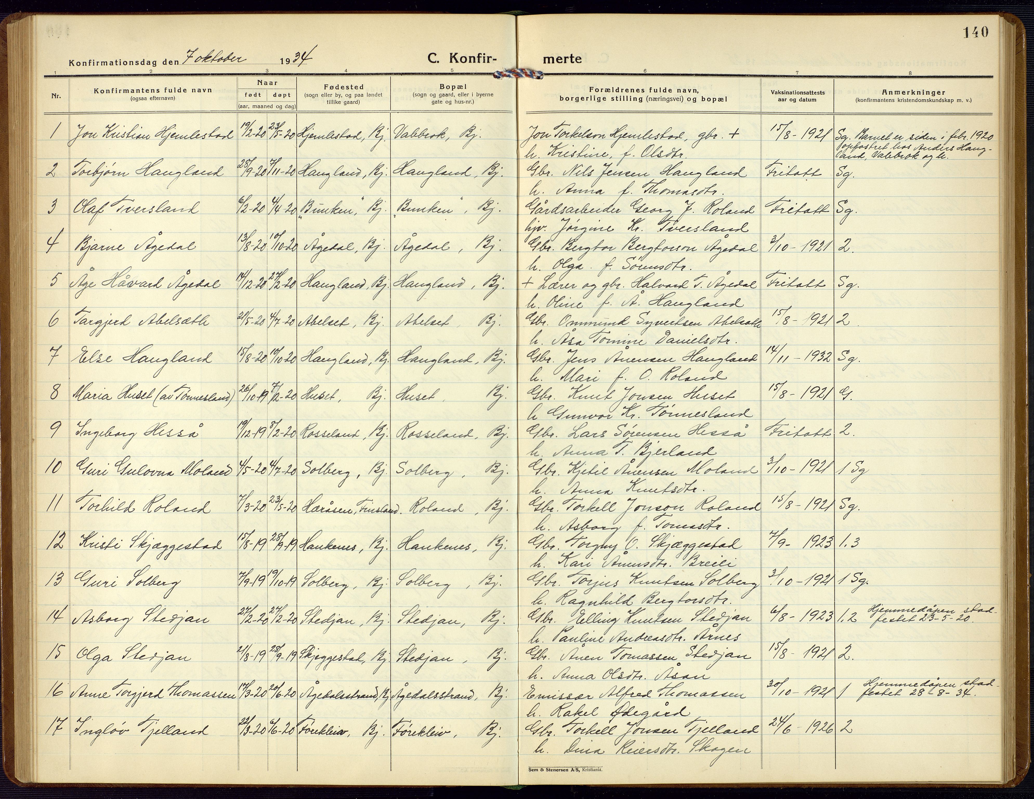 Bjelland sokneprestkontor, AV/SAK-1111-0005/F/Fb/Fba/L0006: Parish register (copy) no. B 6, 1923-1956, p. 140