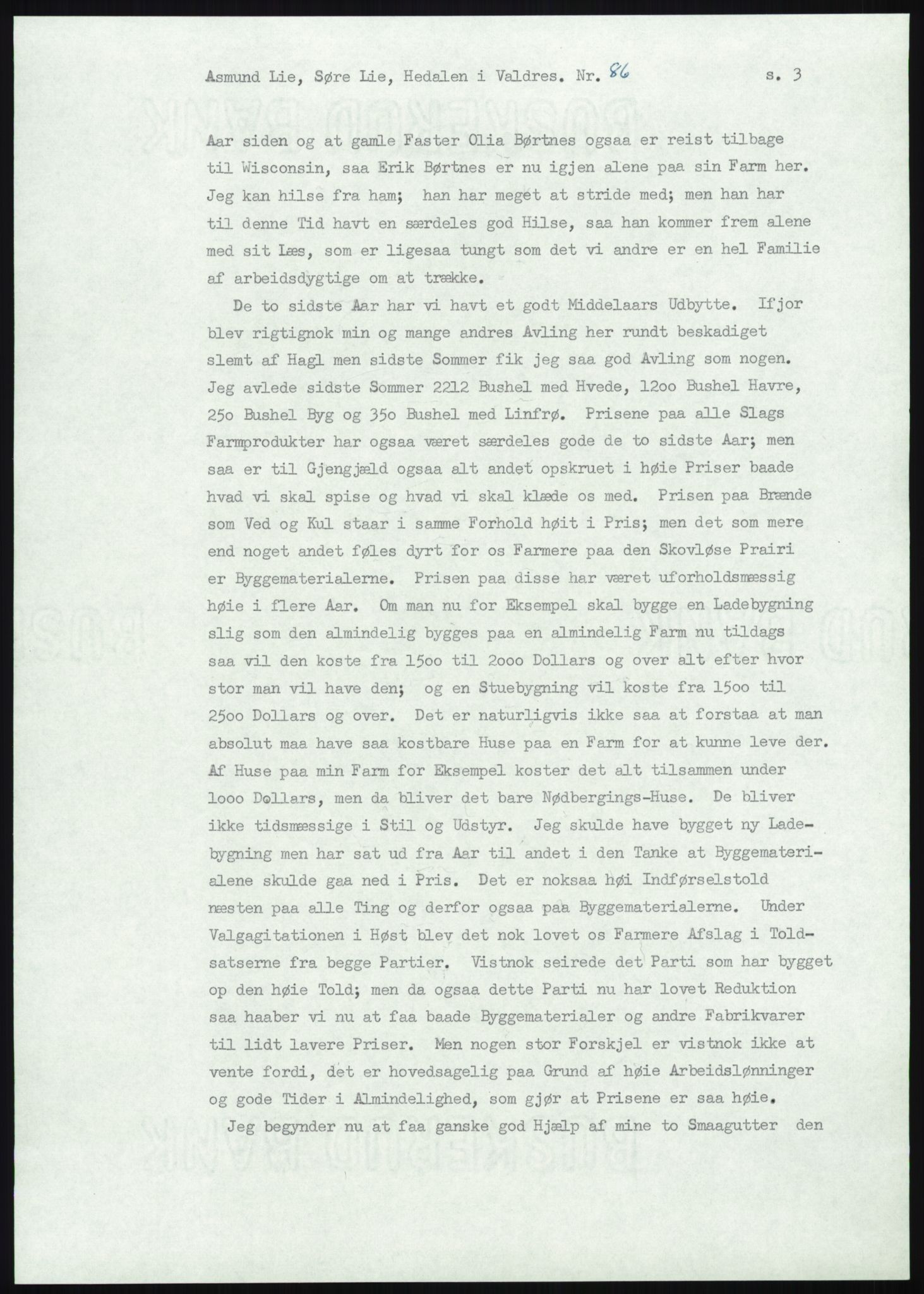 Samlinger til kildeutgivelse, Amerikabrevene, AV/RA-EA-4057/F/L0013: Innlån fra Oppland: Lie (brevnr 79-115) - Nordrum, 1838-1914, p. 105